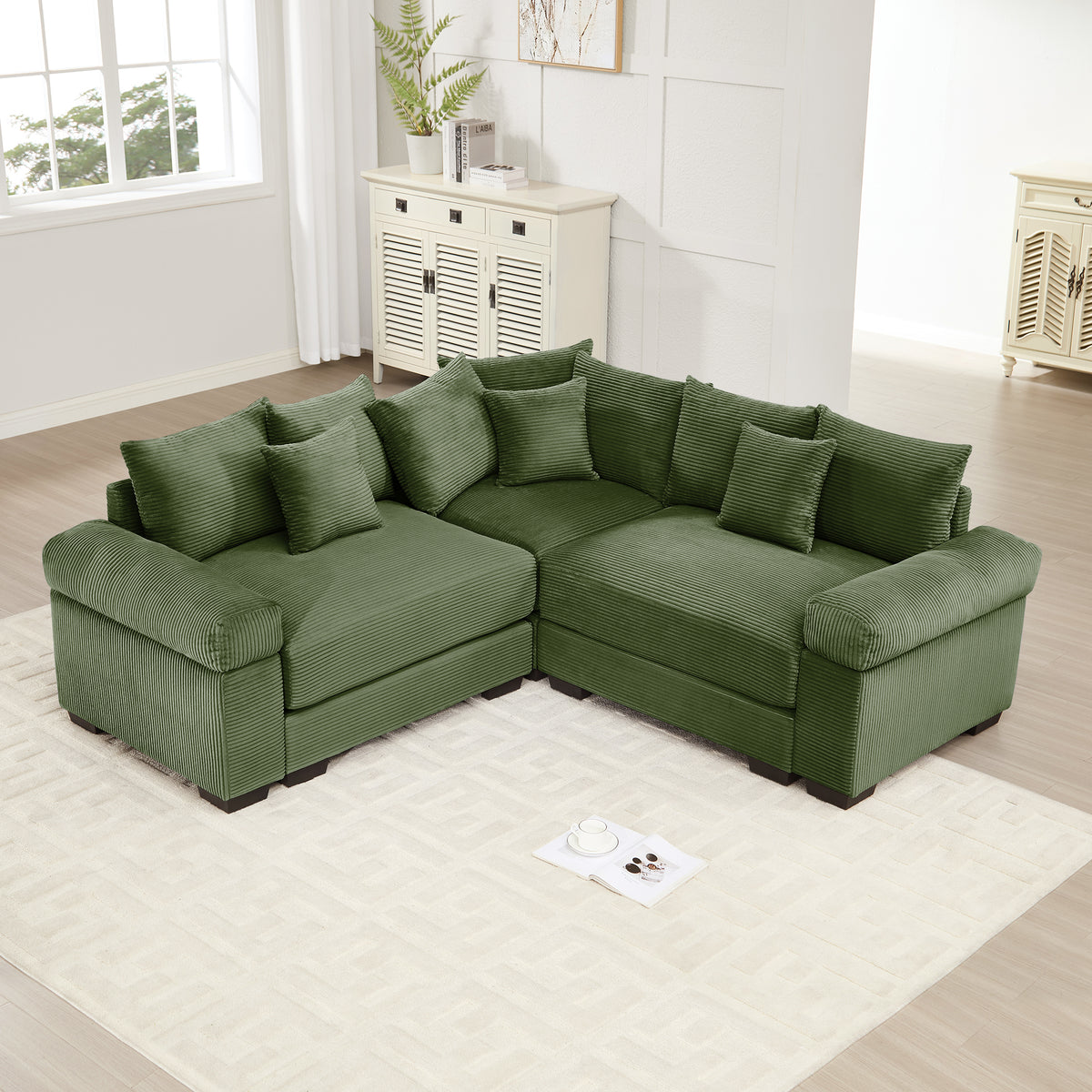 Green Corduroy Modular Sectional, 3-Seat