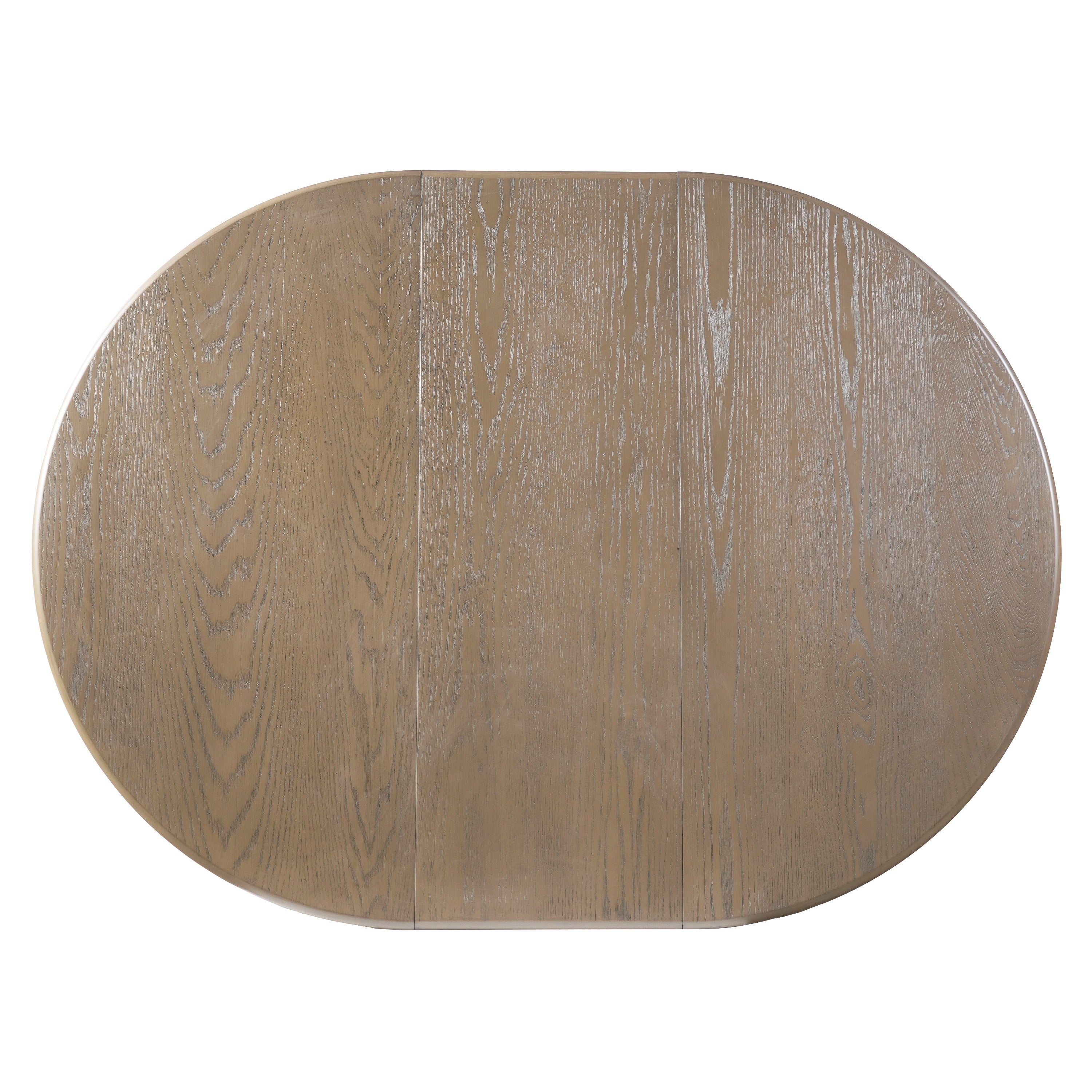 Overhead studio view of the extended oval oak tabletop grain