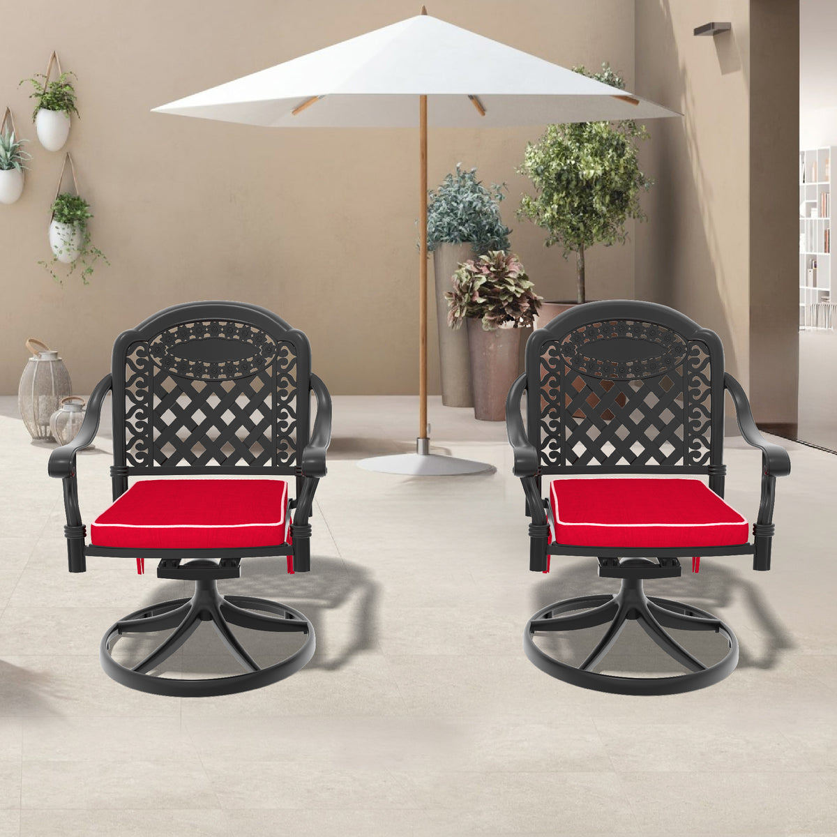 Black Aluminum Outdoor Swivel Chair with Red Cushions, Set of 2