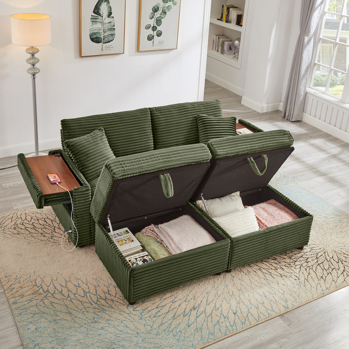 Green Corduroy Couch with Ottoman, 69 in Wide