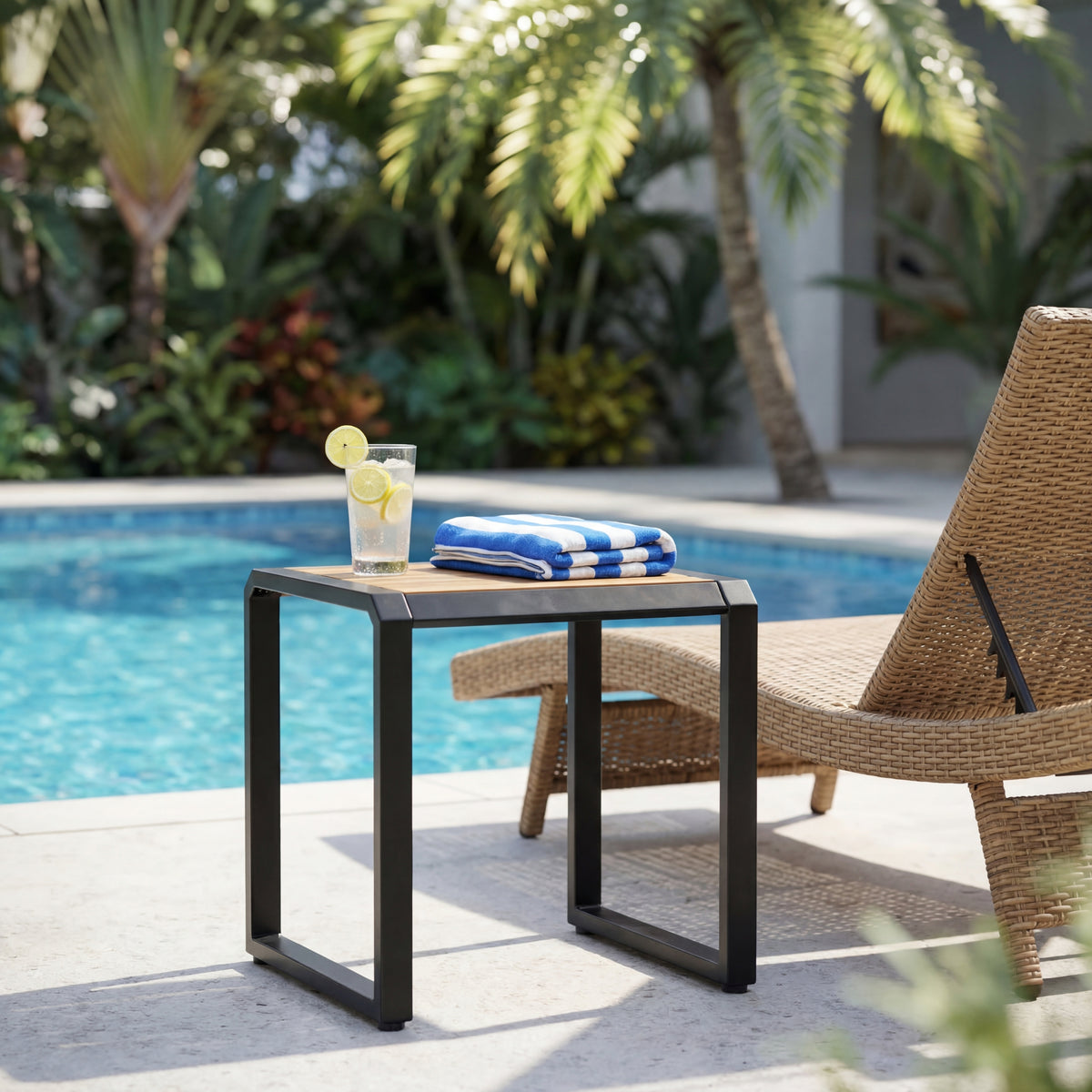 Black Metal Outdoor Side Table, Teak Finish Top