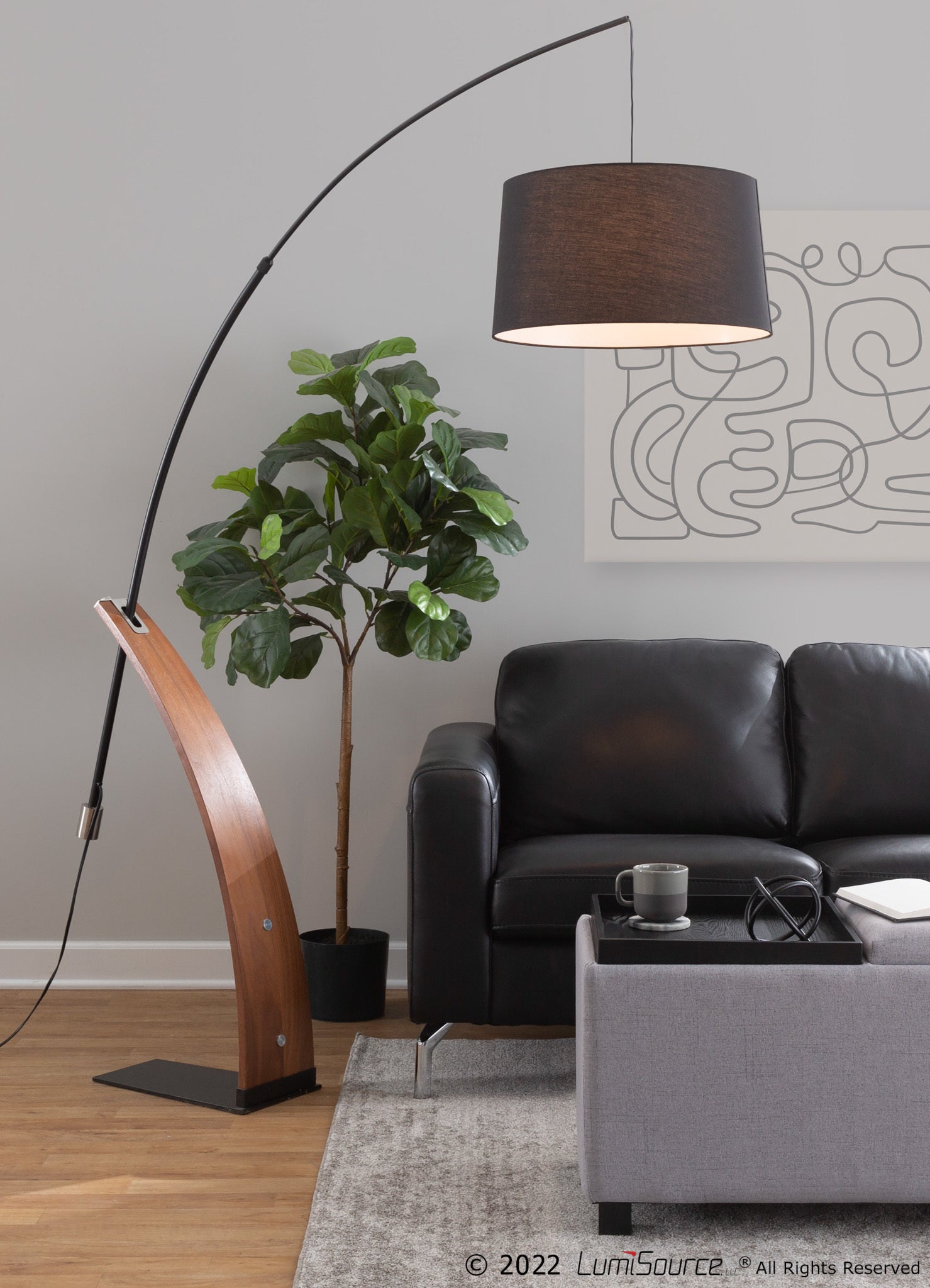 Mid-Century Modern Floor Lamp with Black Linen Shade in Walnut Wood