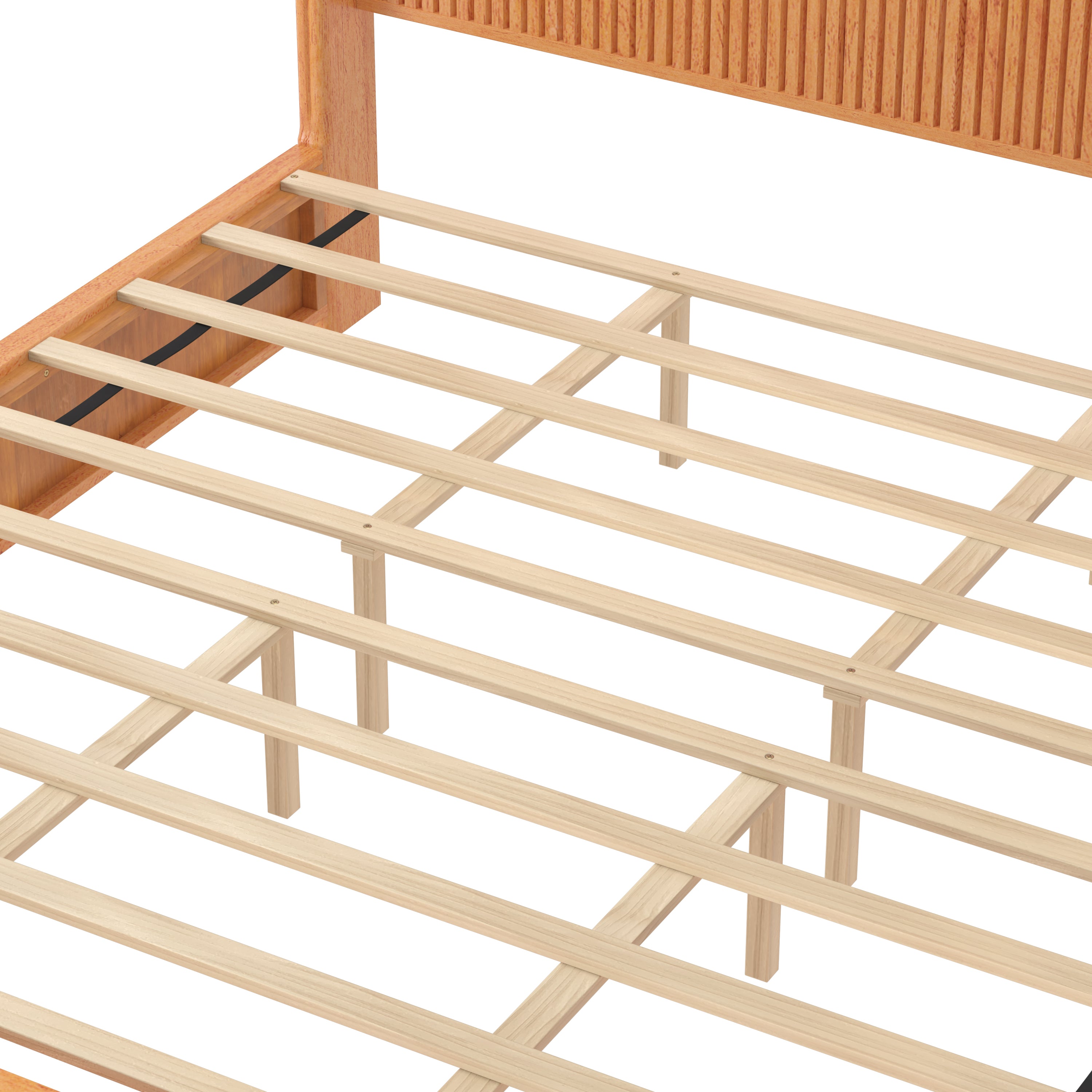Close-up detail of headboard-to-frame connection on natural wood bed