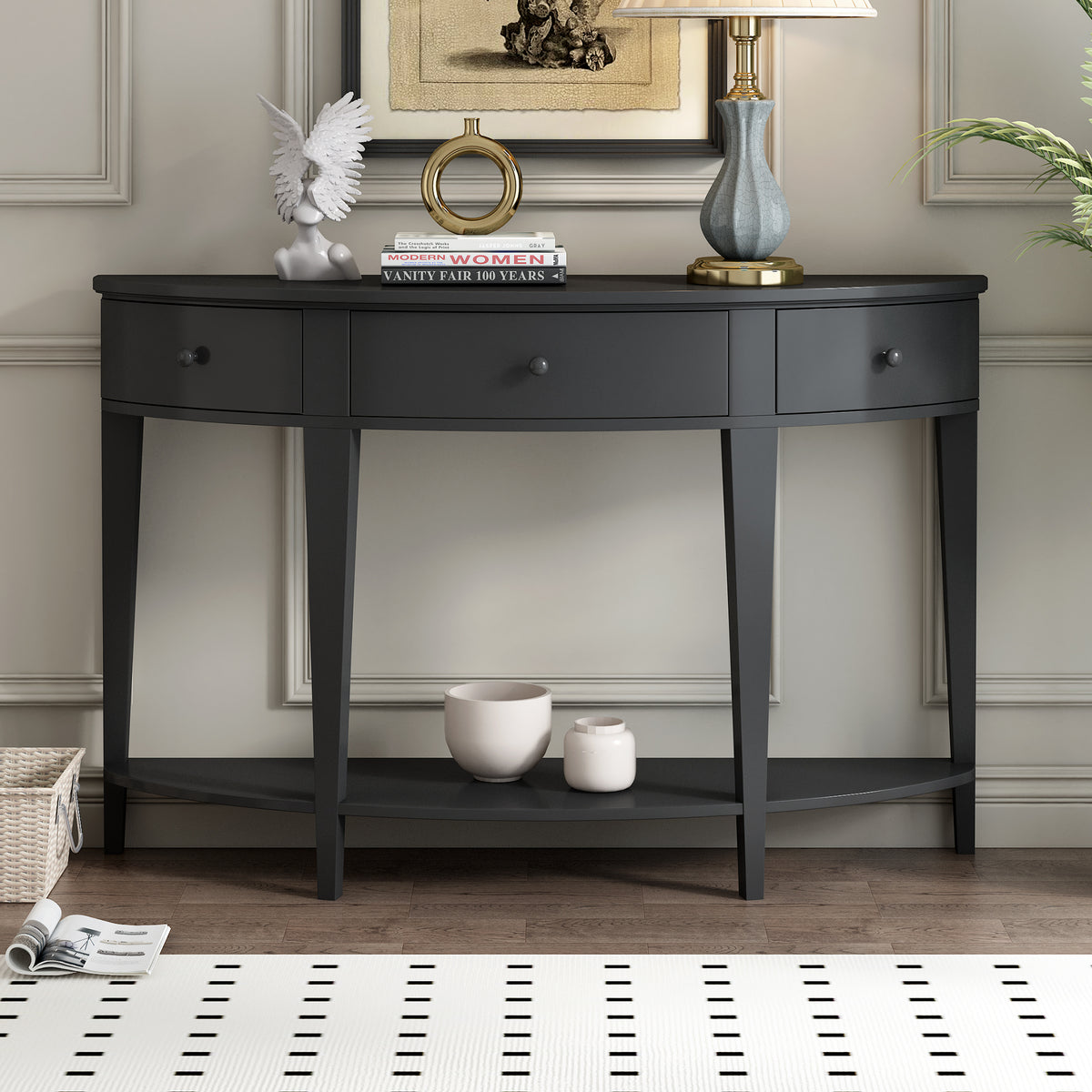 Black Entryway Console Table, 3 Drawers, 51.1 in Wide