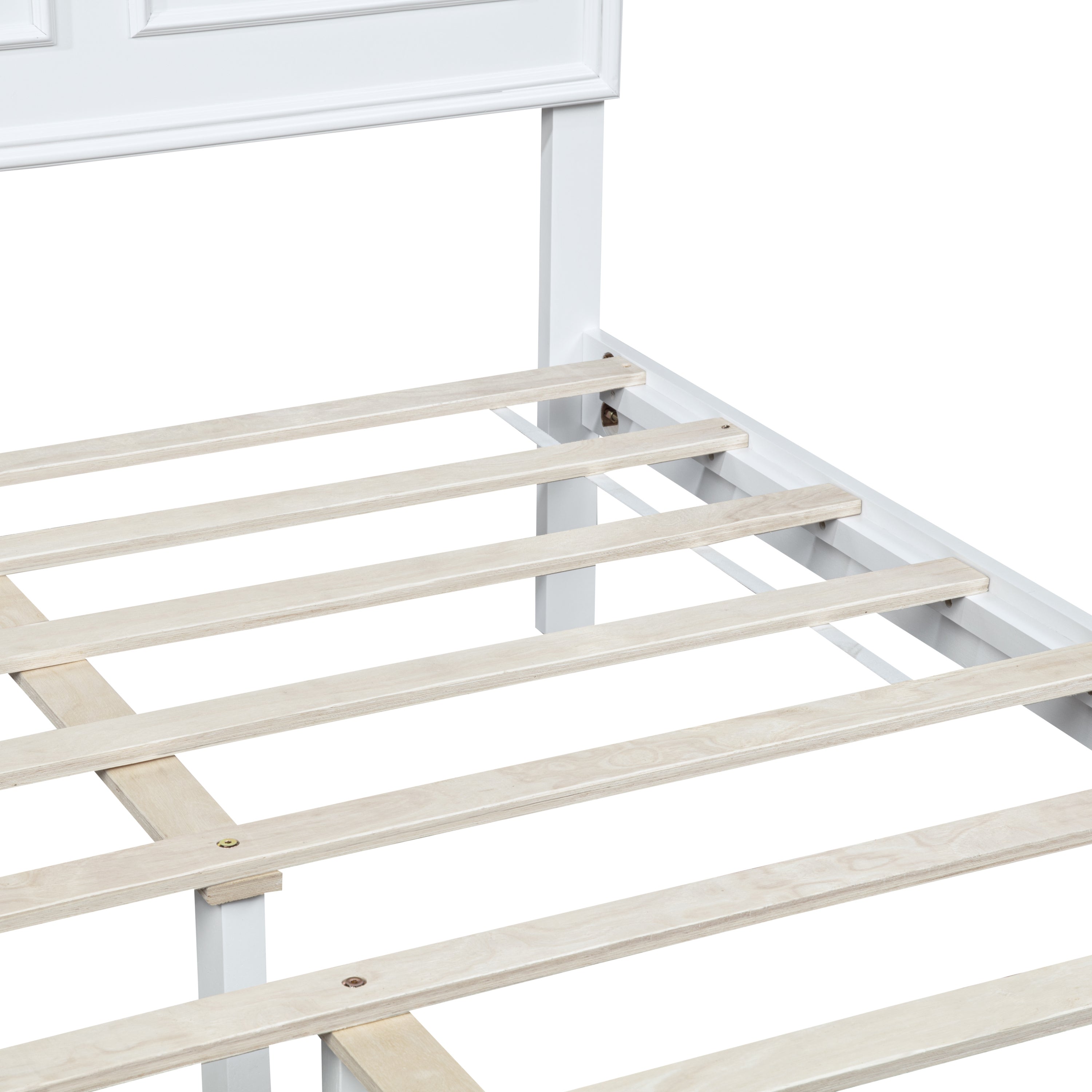 Close-up of the headboard panel edge and wood slats on a white queen bed #Color_White