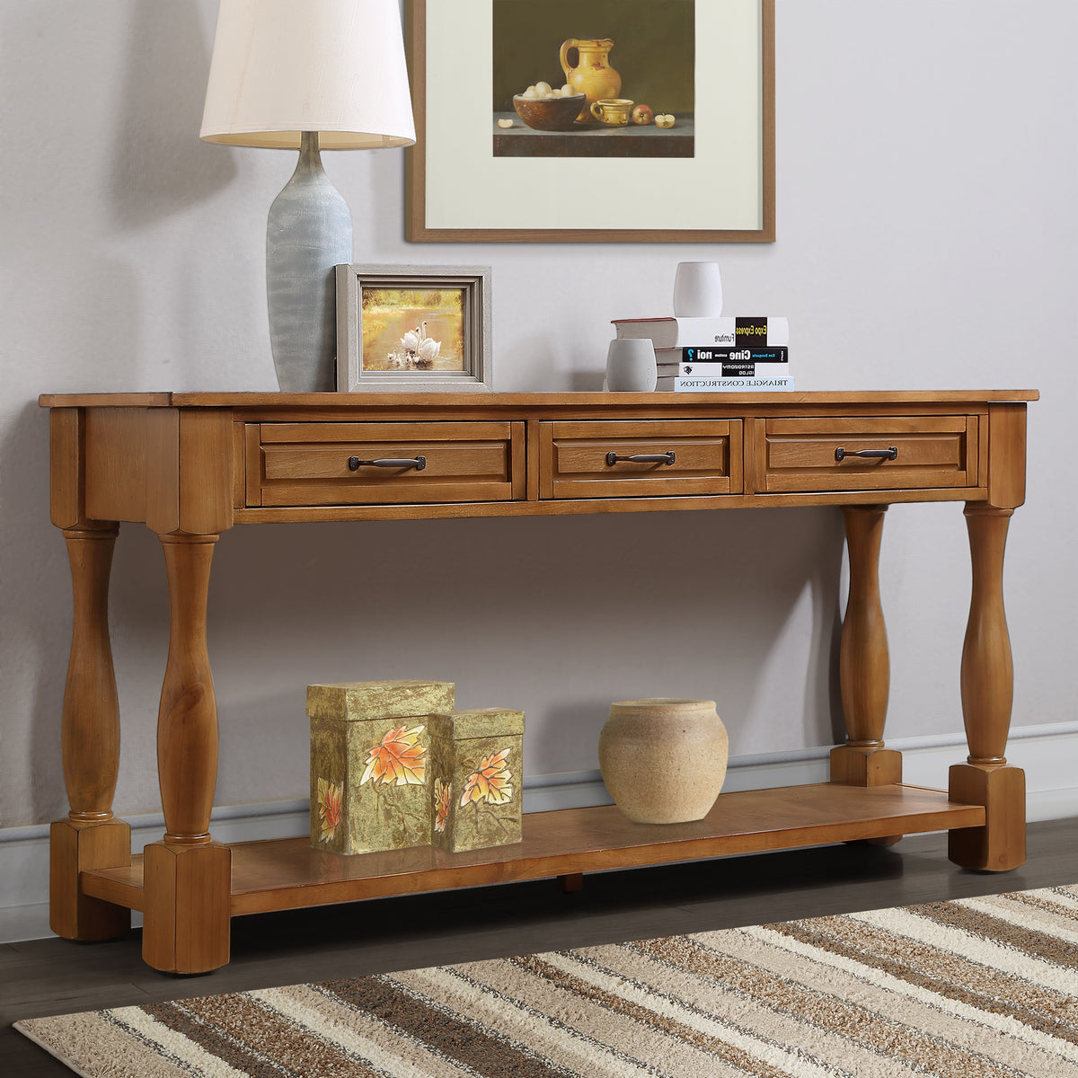 Brown Entryway Console Table, 3 Drawers, 60 in Wide