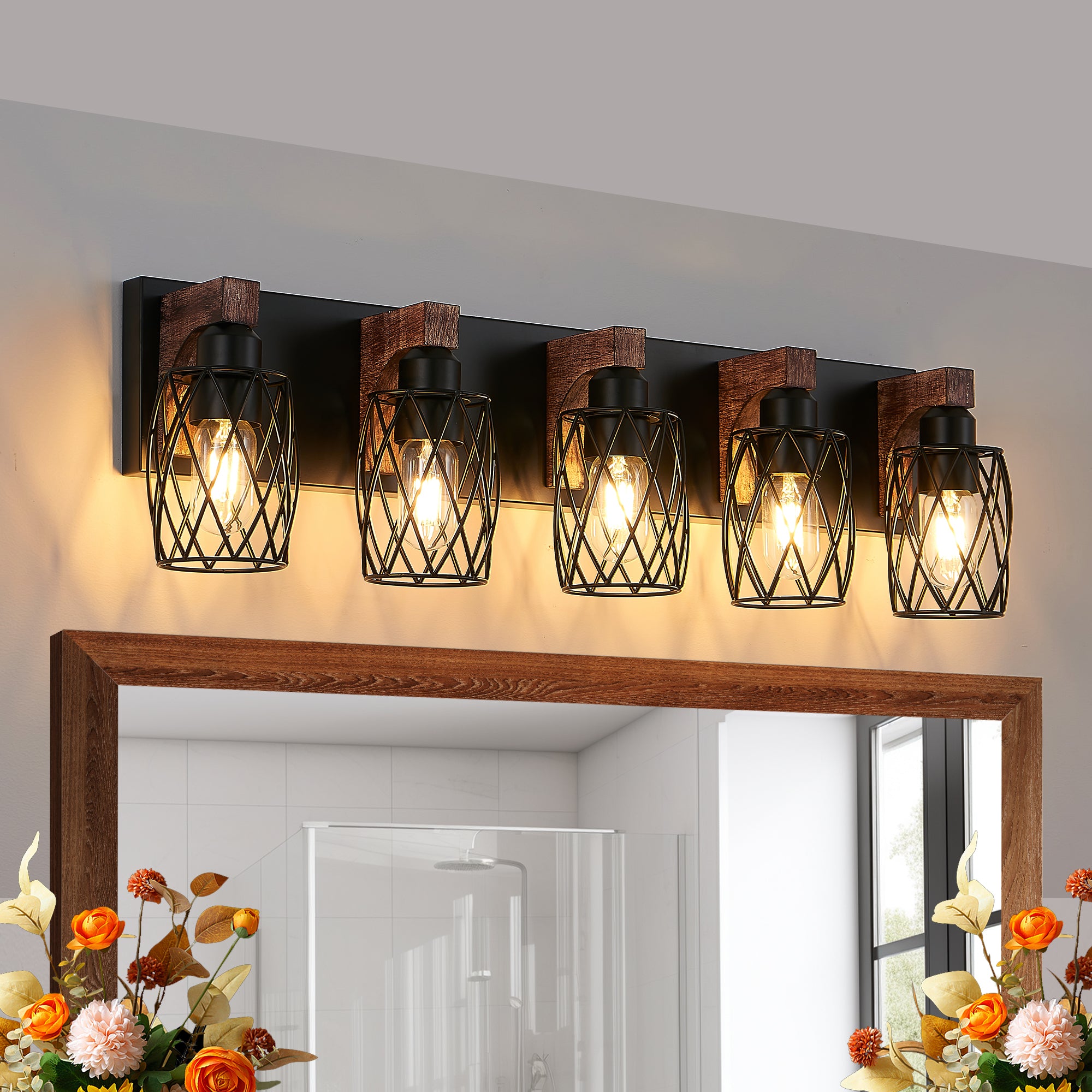 Wall Sconce, 5-Light Iron Mesh Cage Design, Walnut and Black