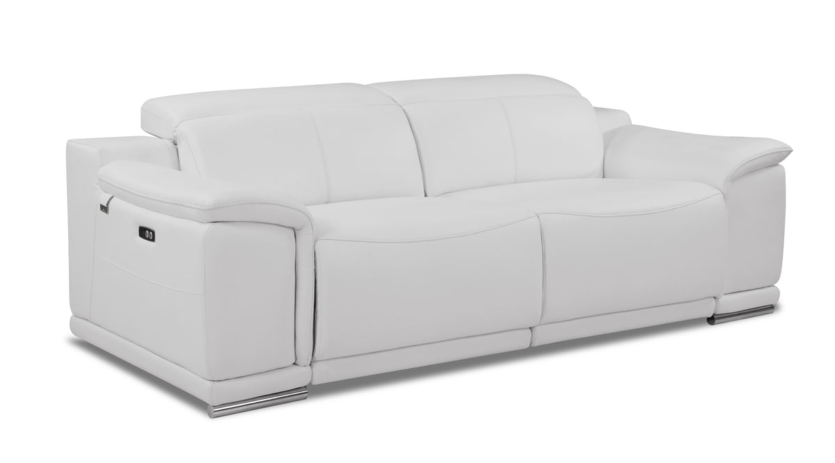 White Genuine Leather Power Reclining Sofa, USB Charging, 87 in Wide