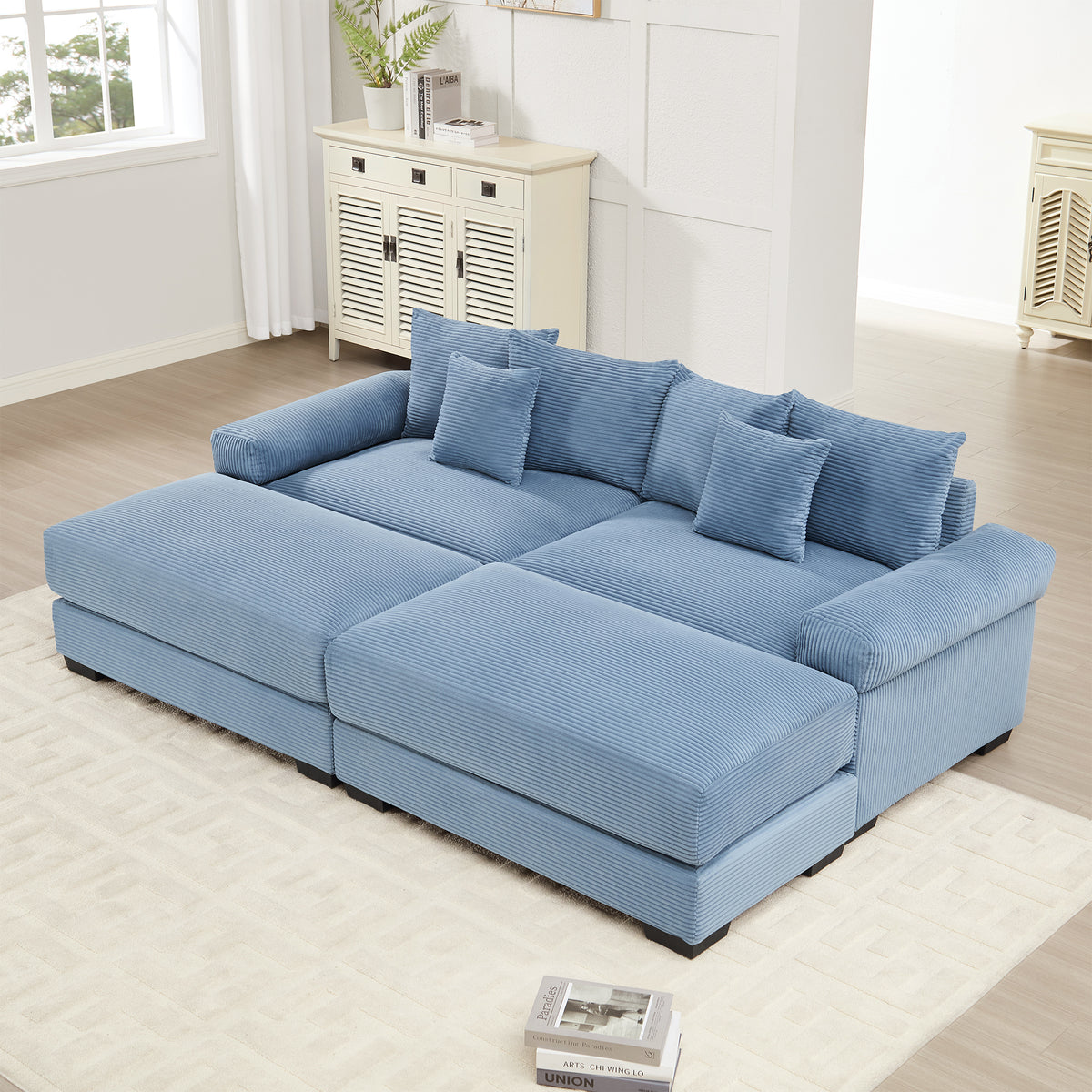 Blue Corduroy Modular Sectional with 2 Ottomans, 82.6 in Wide