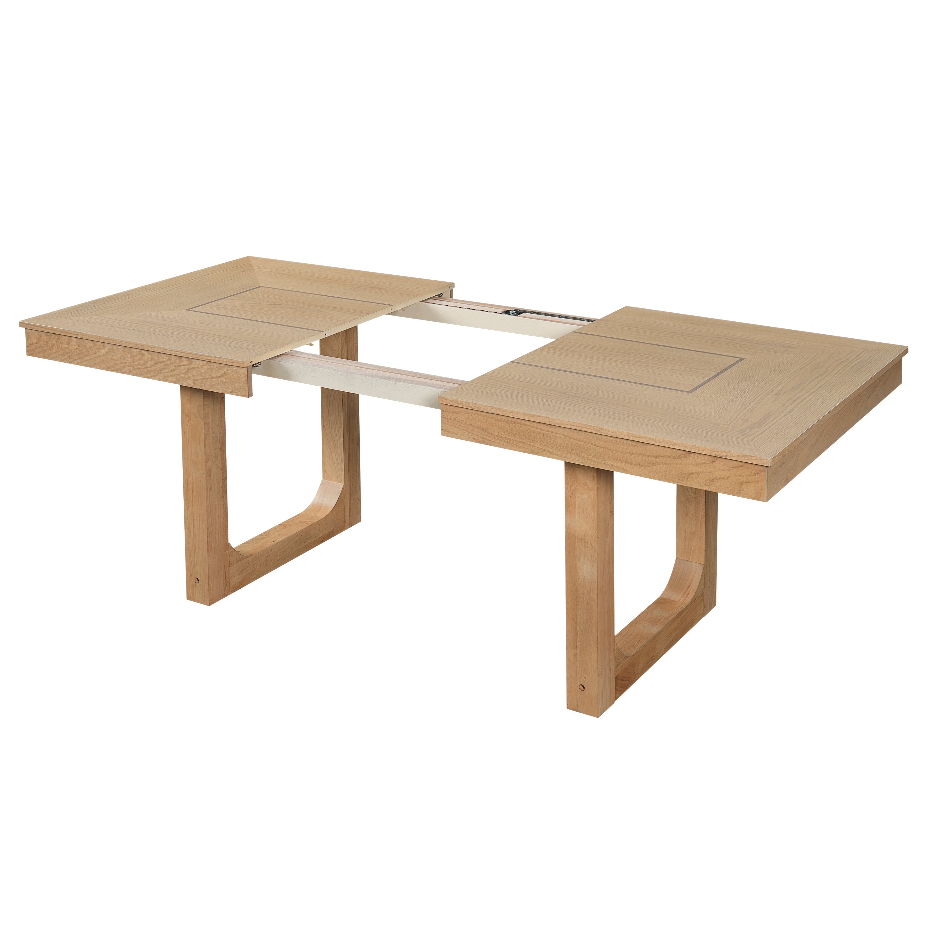 Oak dining table pulled apart showing the metal extension slide mechanism on white