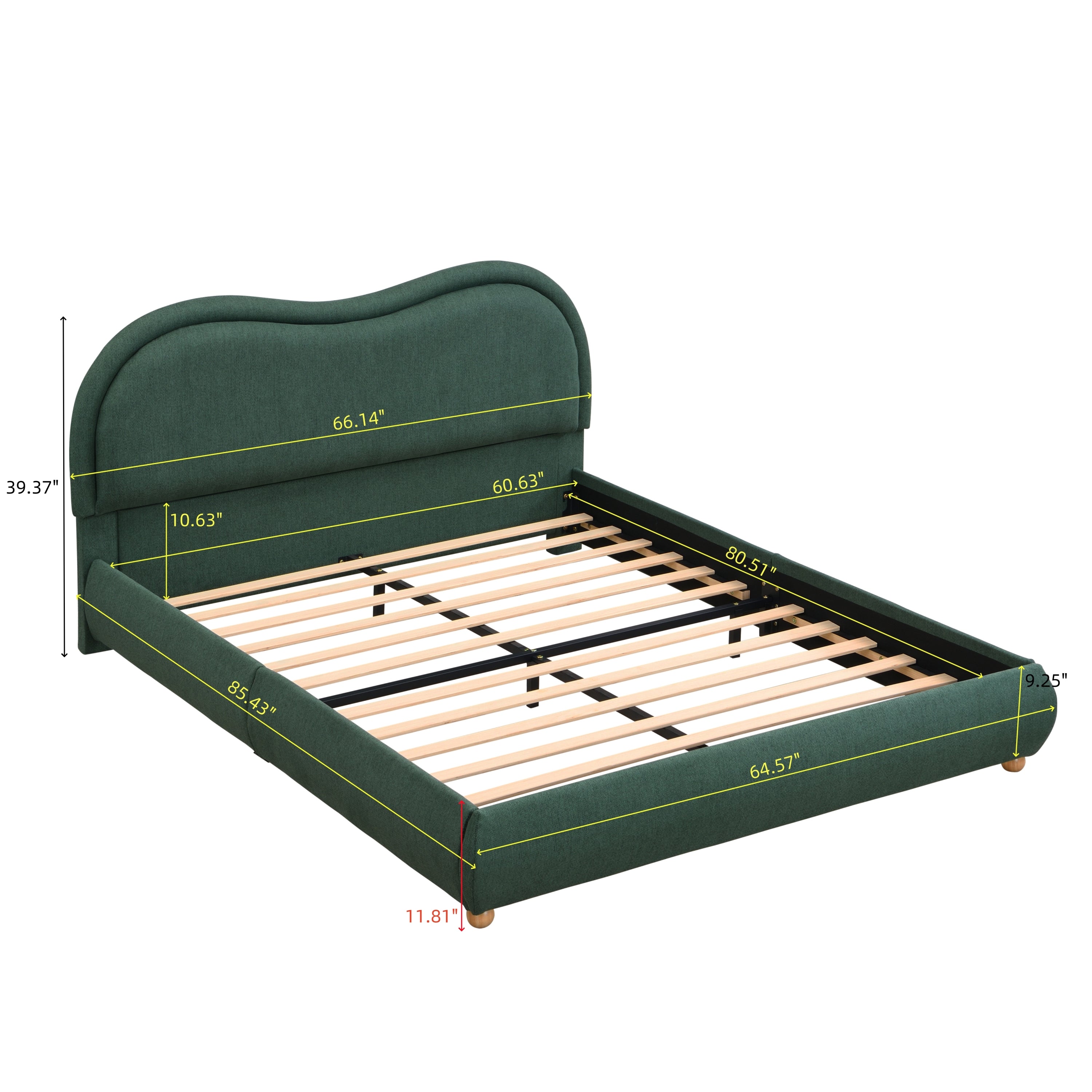 Dimension diagram of the queen upholstered bed frame: 85.43 in long, 64.57 in wide, 39.37 in tall headboard #Color_Olive Green
