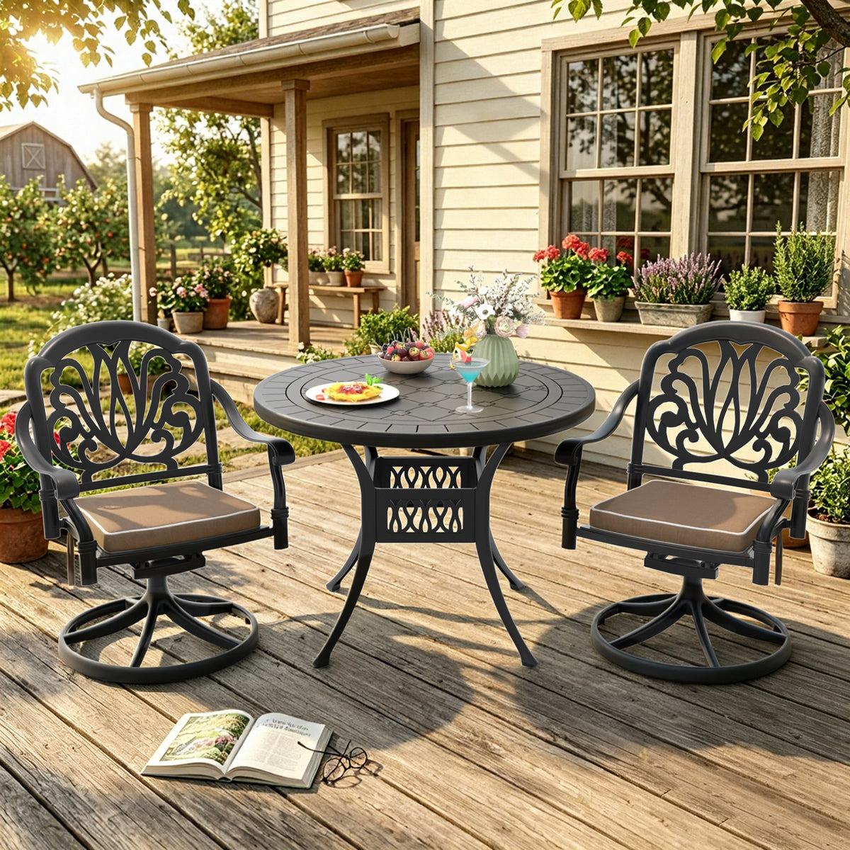 Black Aluminum 3-Piece Patio Dining Set for 2 with Cushions