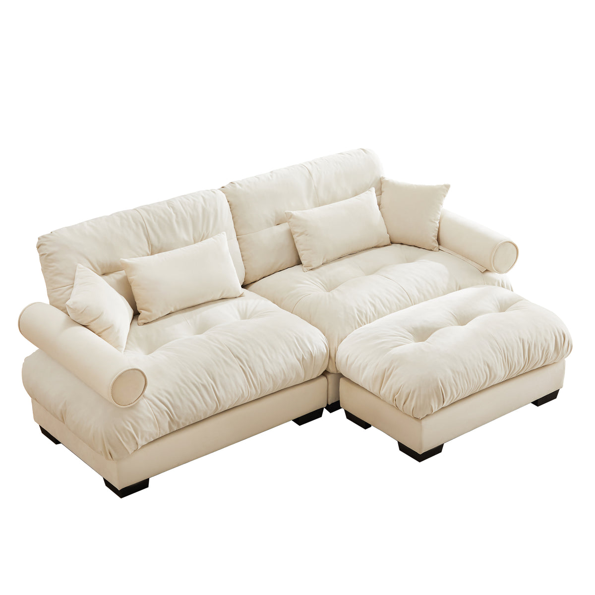 Cream Velvet 2-Seat Couch with 1 Ottoman