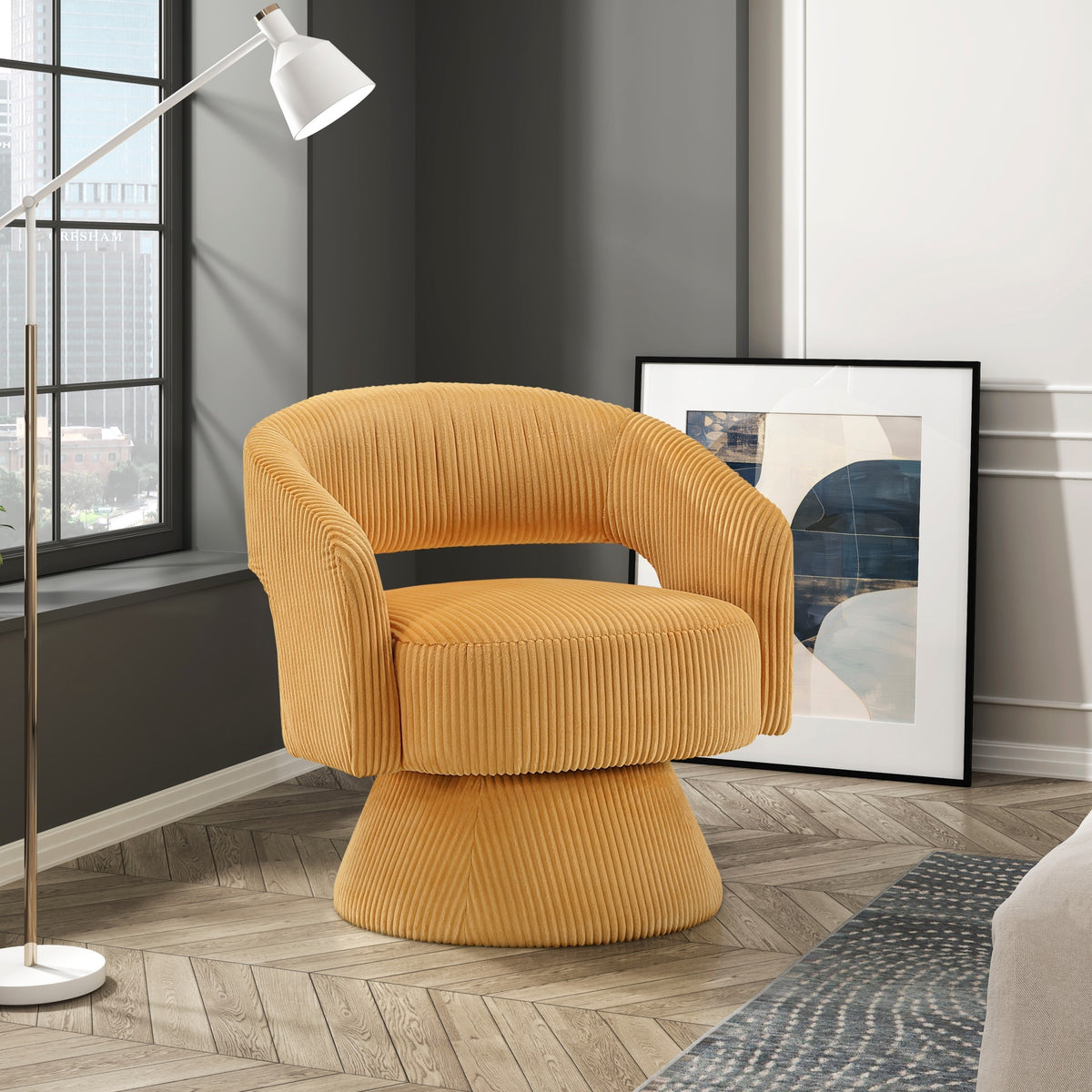 Yellow Corduroy Swivel Accent Chair