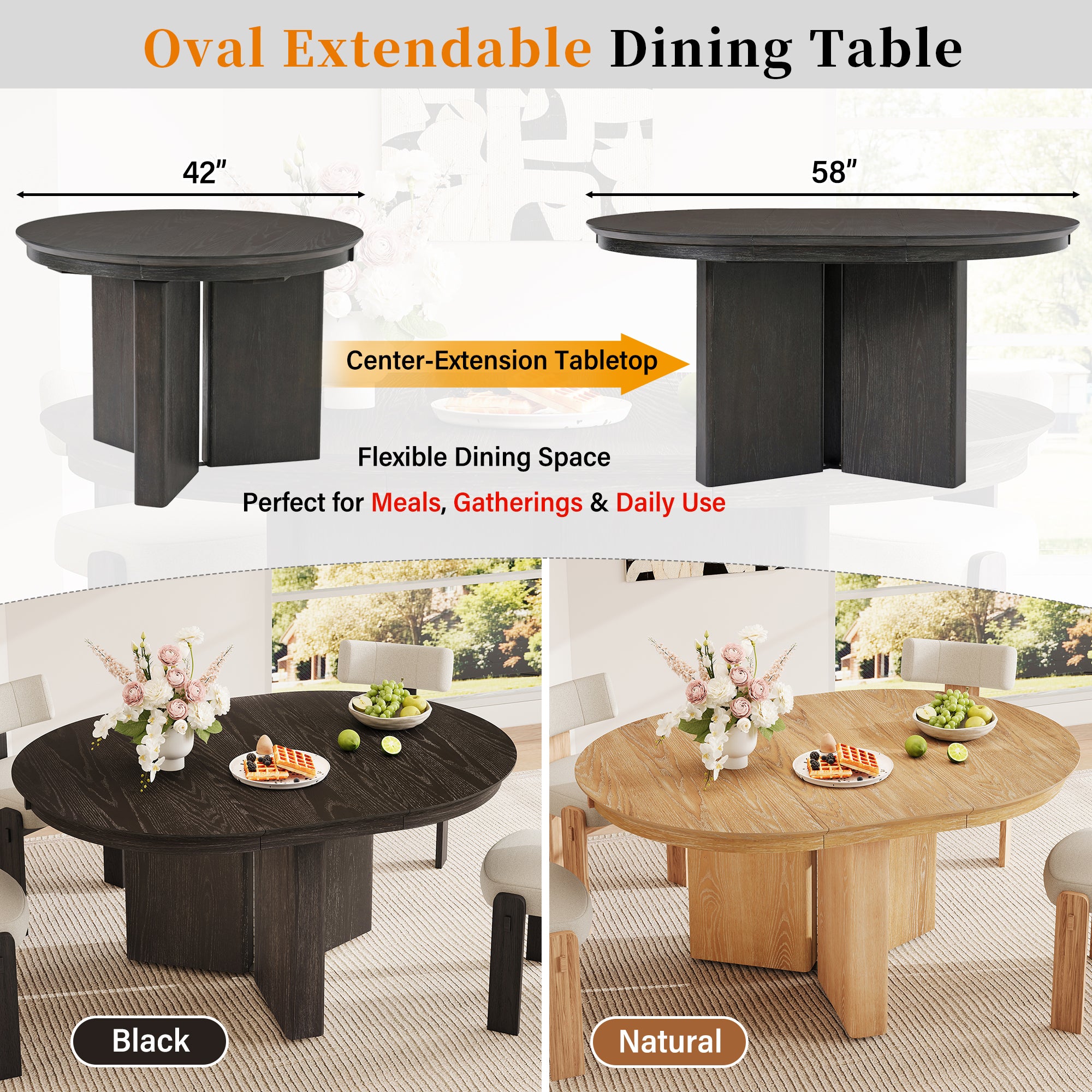 Feature graphic showing the table extending from 42in to 58in, in black and natural finishes