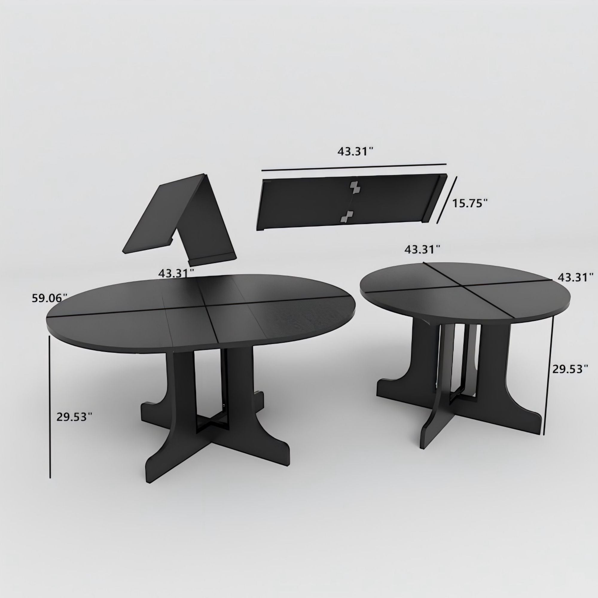 Dimension diagram showing the table round at 43.31 inches and oval extended to 59.06 inches