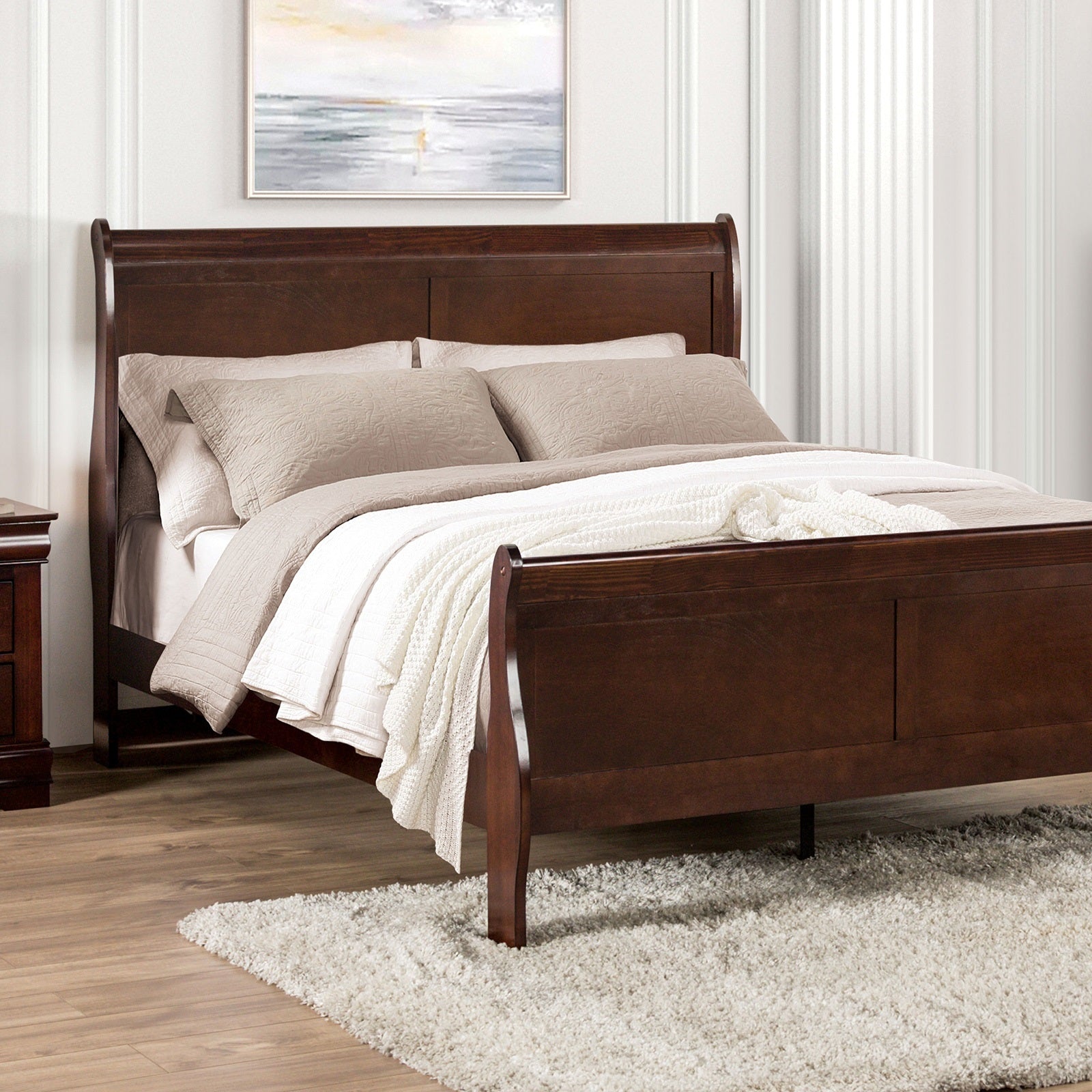 Solid Wood Sleigh Bed with Storage Drawers, Dark Cherry