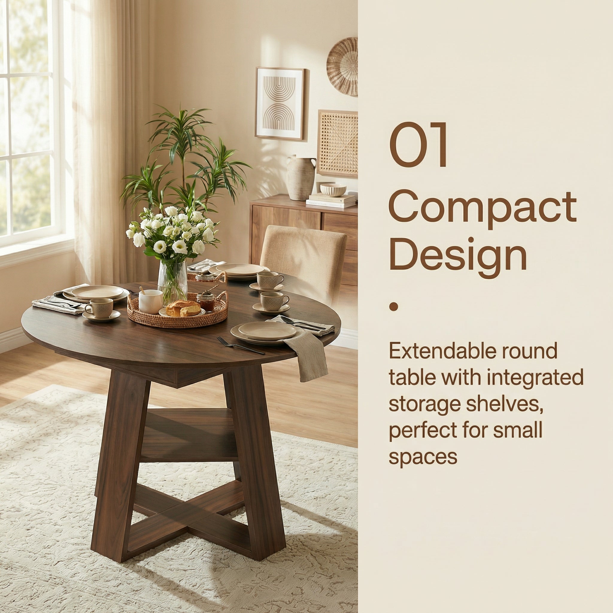 Feature graphic on the compact extendable design with integrated storage shelves