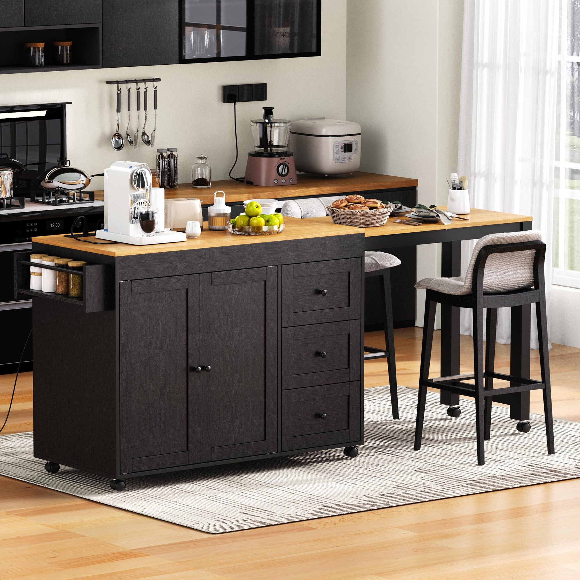 Kitchen Island with Extendable Table, Black, 2 Doors & 3 Drawers