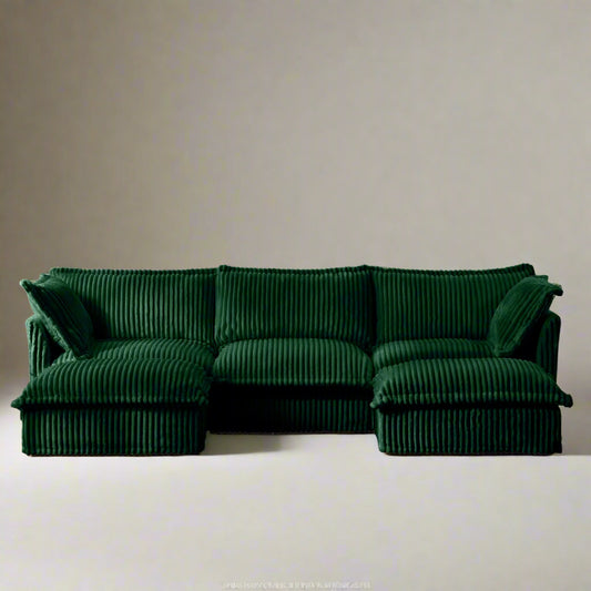 Fluffy Corduroy 3-Seat Couch – Emerald with 2 Ottomans, Washable