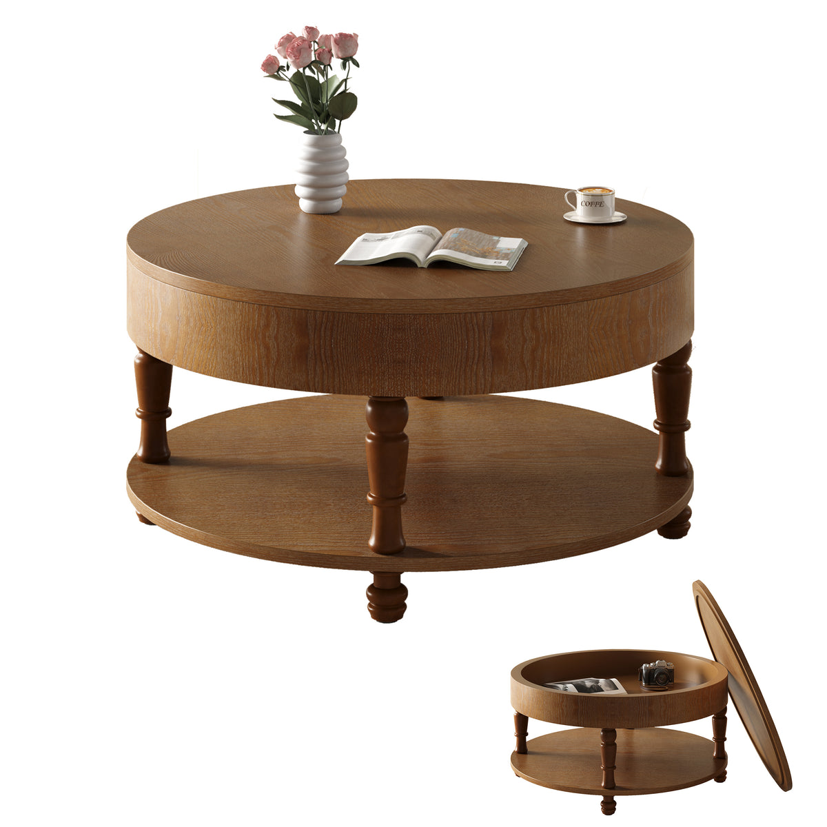 Walnut Round Coffee Table with Storage, 31.5 in, 21.3 in Tall