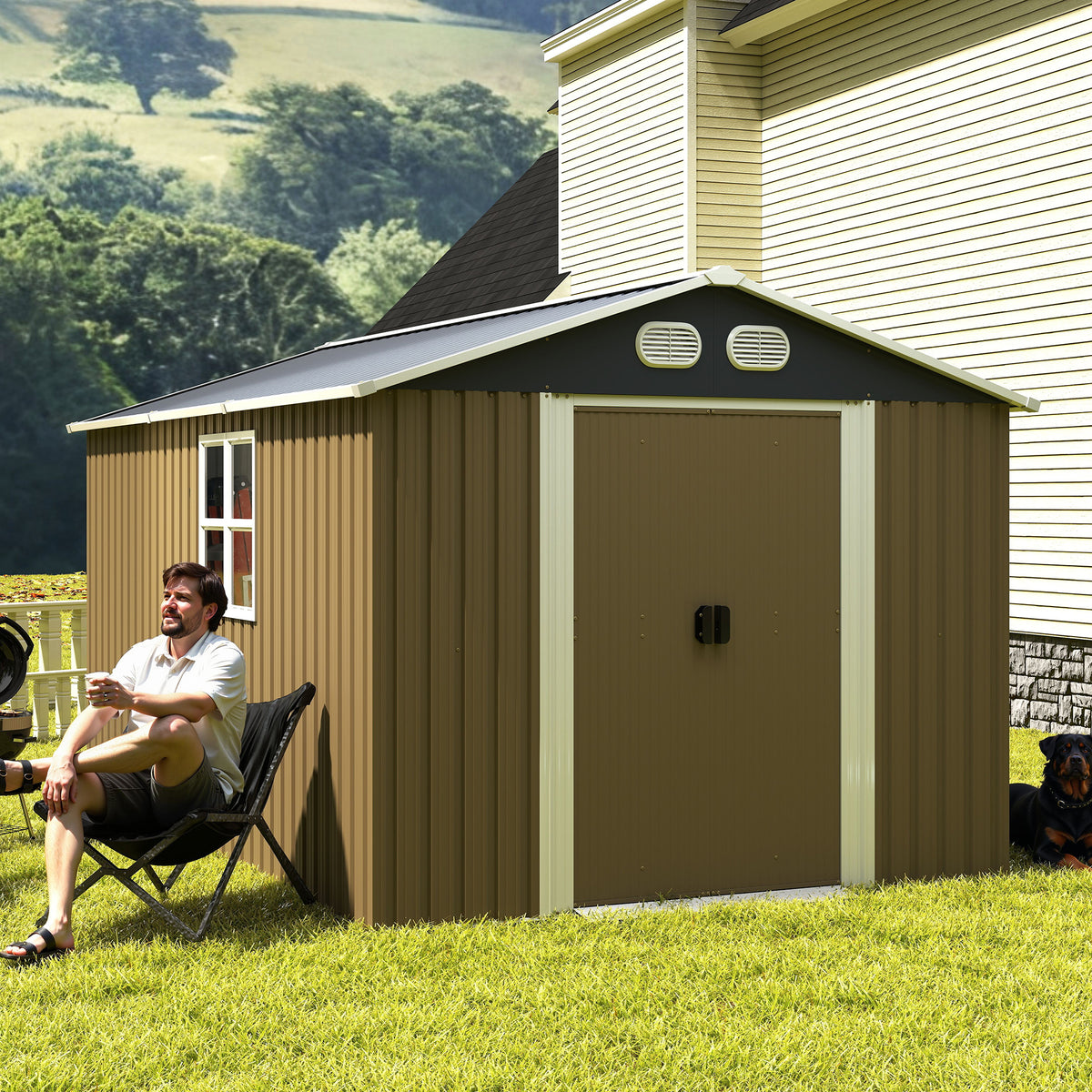 8x12 ft Brown Metal Storage Shed with Lockable Doors