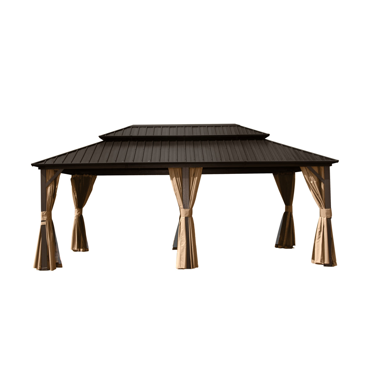 12x18 ft Brown Aluminum Double Roof Hardtop Gazebo with Netting and Curtains