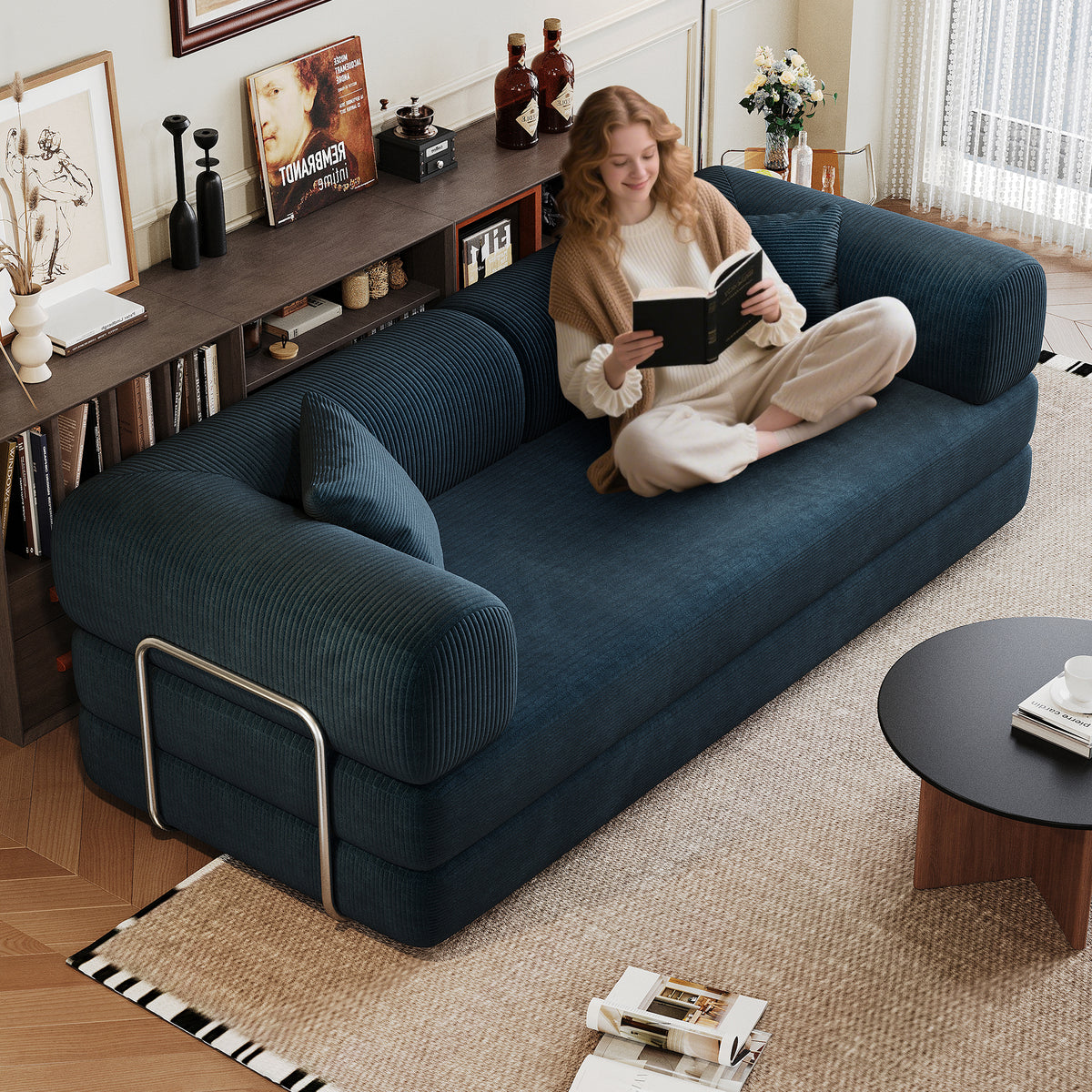 Blue Corduroy Modular Sleeper Sectional, No Assembly, 78.8 in Wide