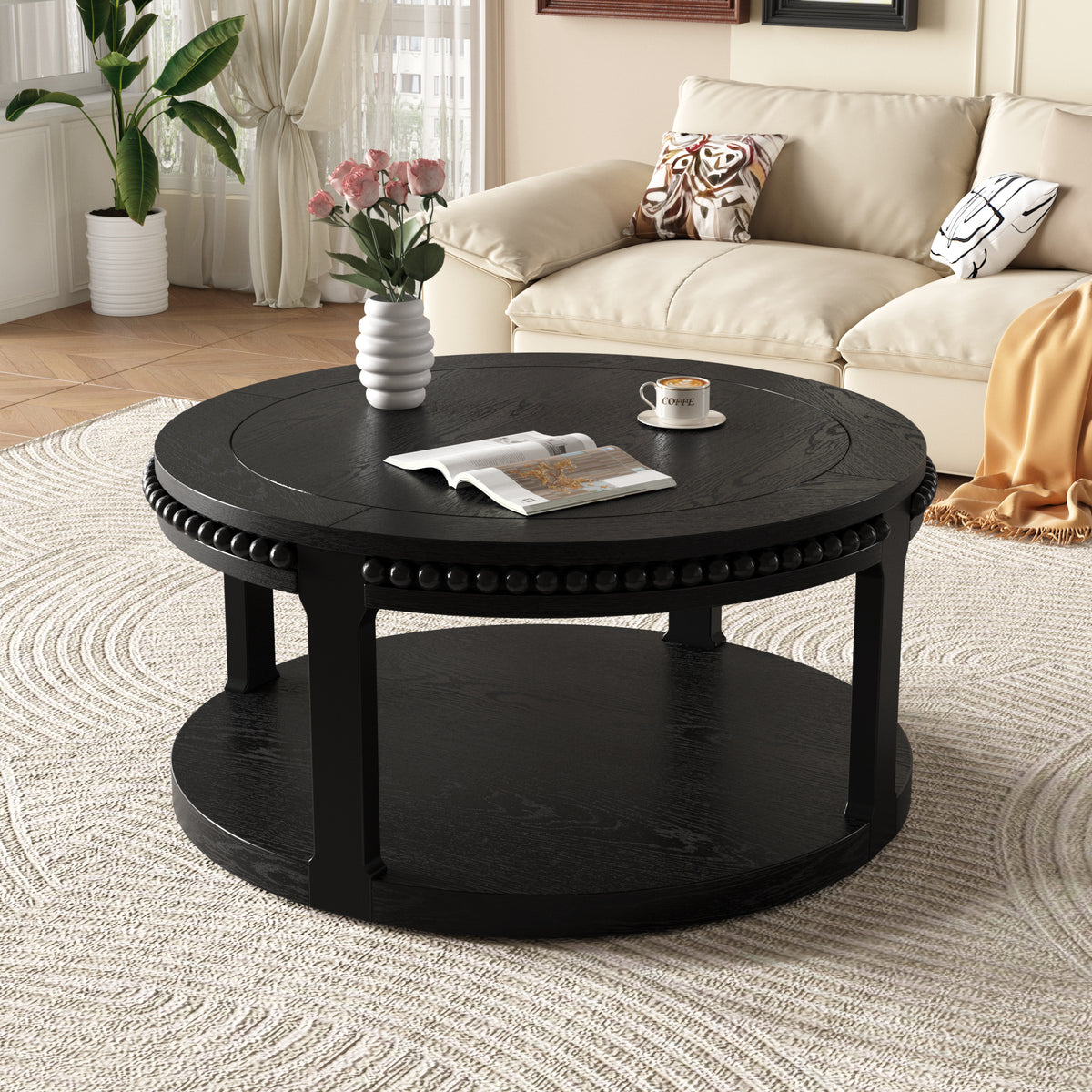 Black Round Coffee Table with Storage, 31.5 in, 2 Shelves