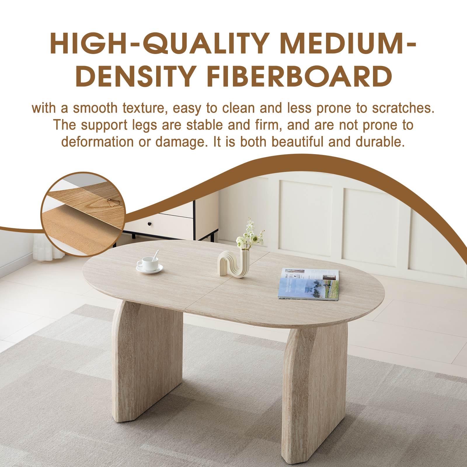 Graphic on medium-density fiberboard build showing the oval table with a top-surface inset
