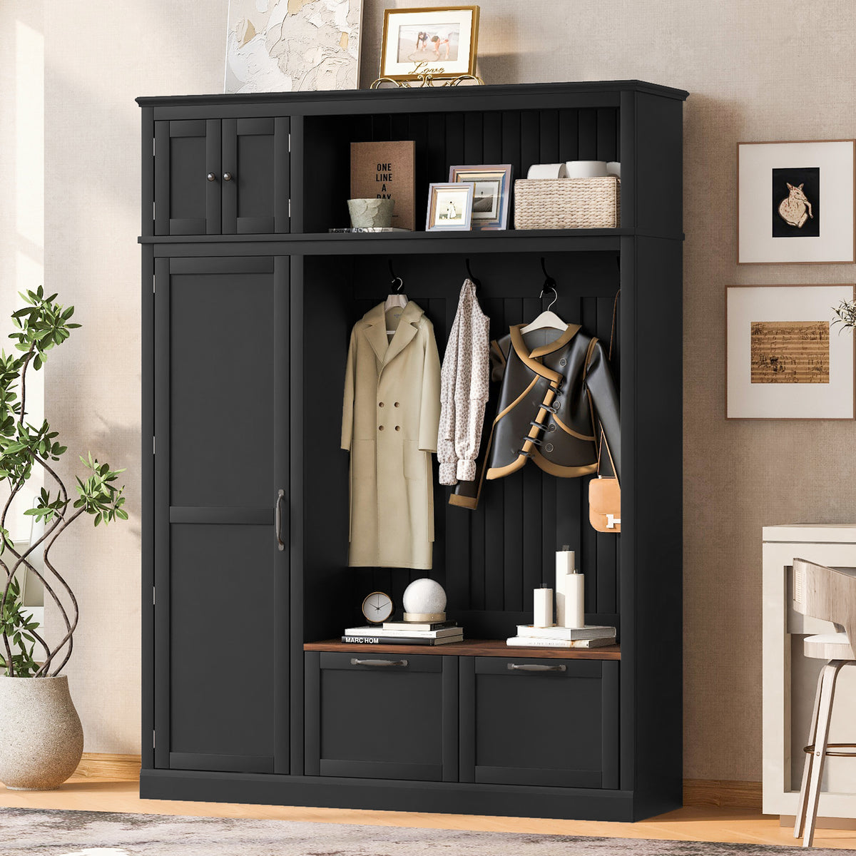 Black Hall Tree with Bench, 59 in Wide, 2 Drawers