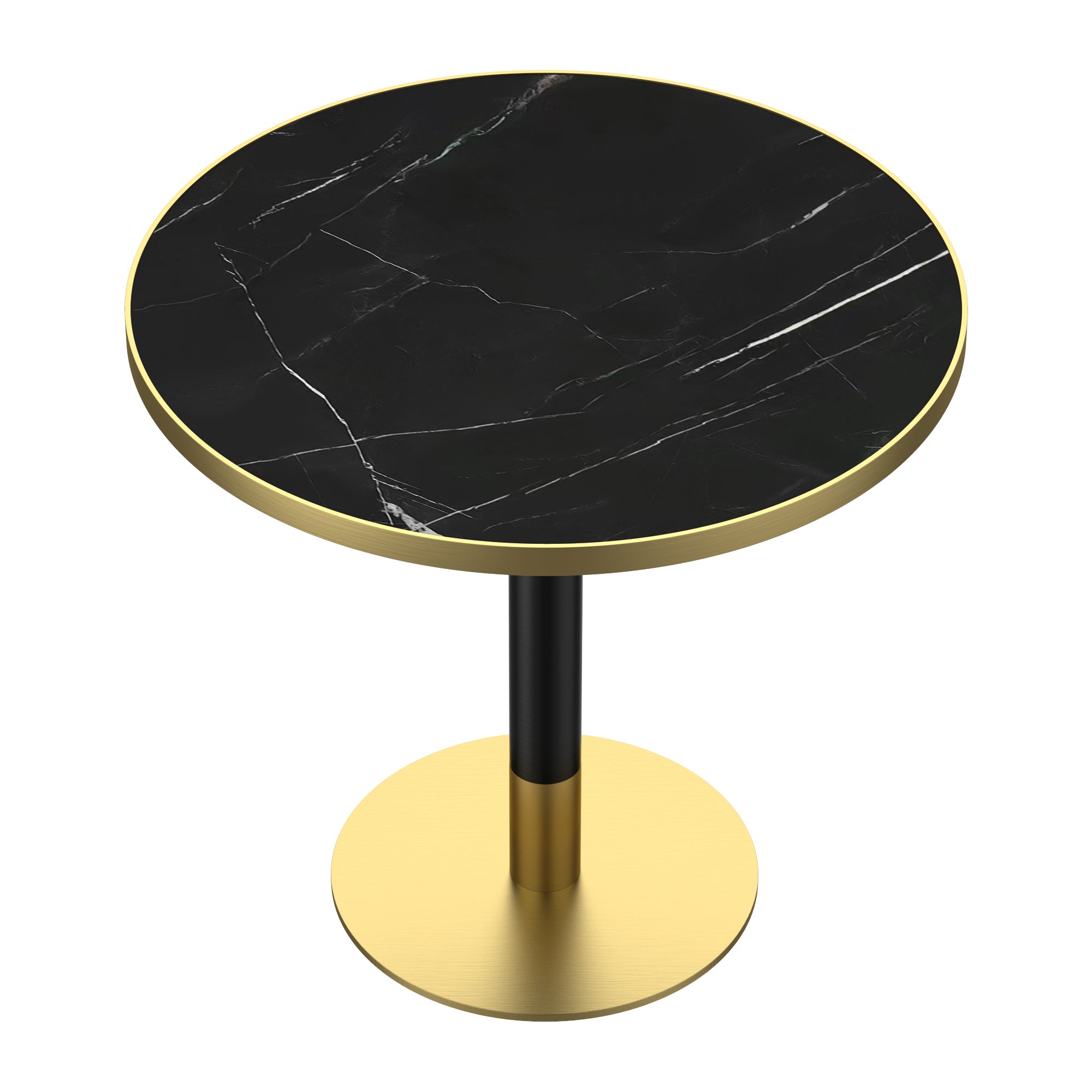 Elevated three-quarter studio view of the black marble-look round tabletop with gold rim and pedestal base