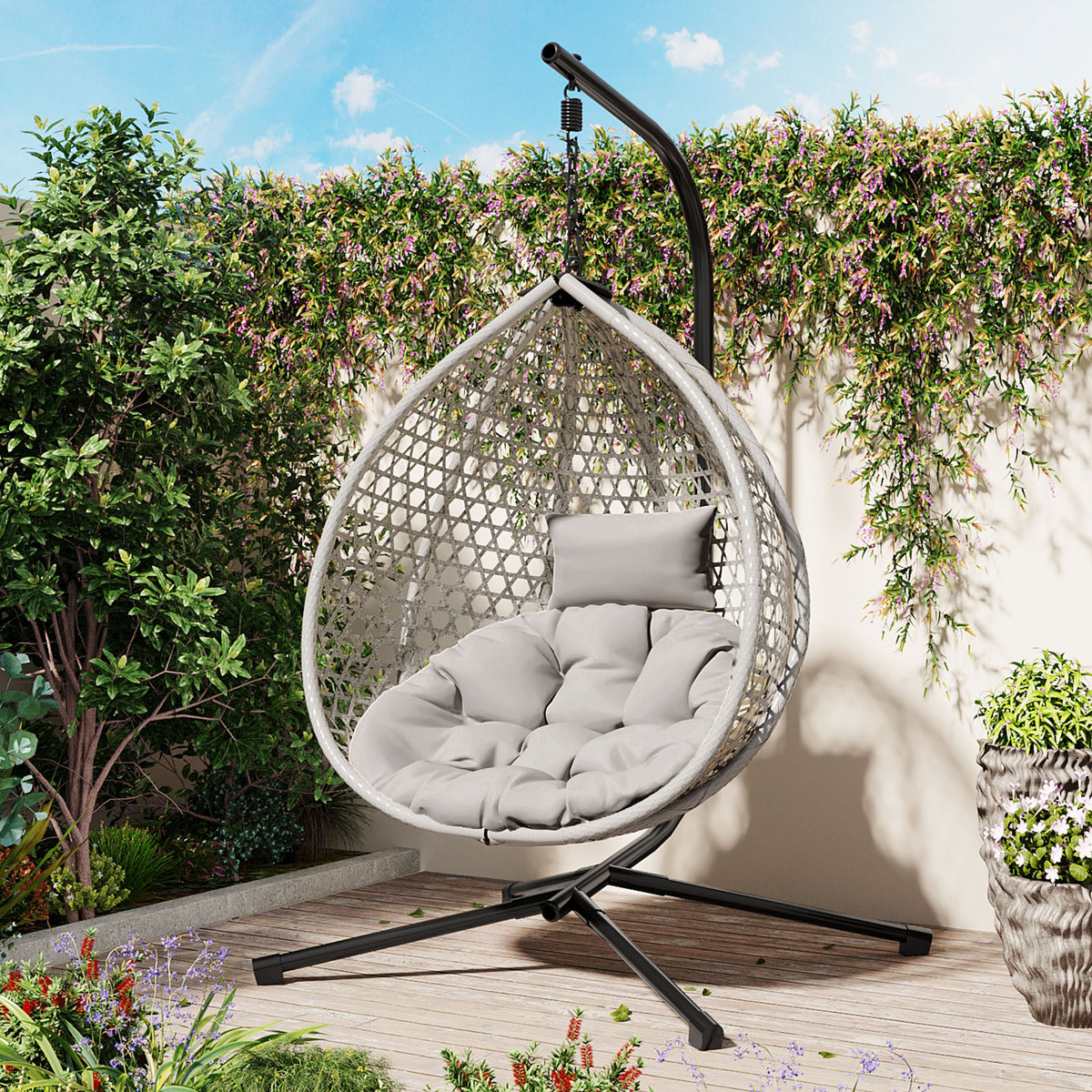Gray Wicker Hanging Egg Chair with Stand