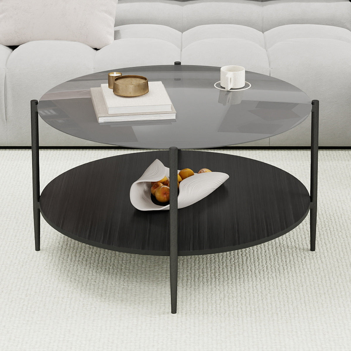 Black Glass Top Round Coffee Table with Storage, 32.3 in
