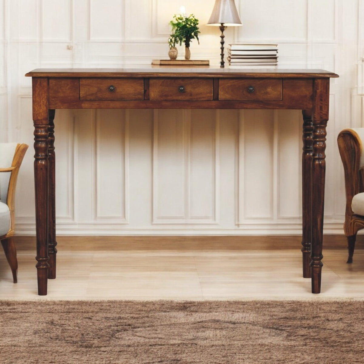 Brown Solid Wood Console Table, 3 Drawers, 43.3 in Wide