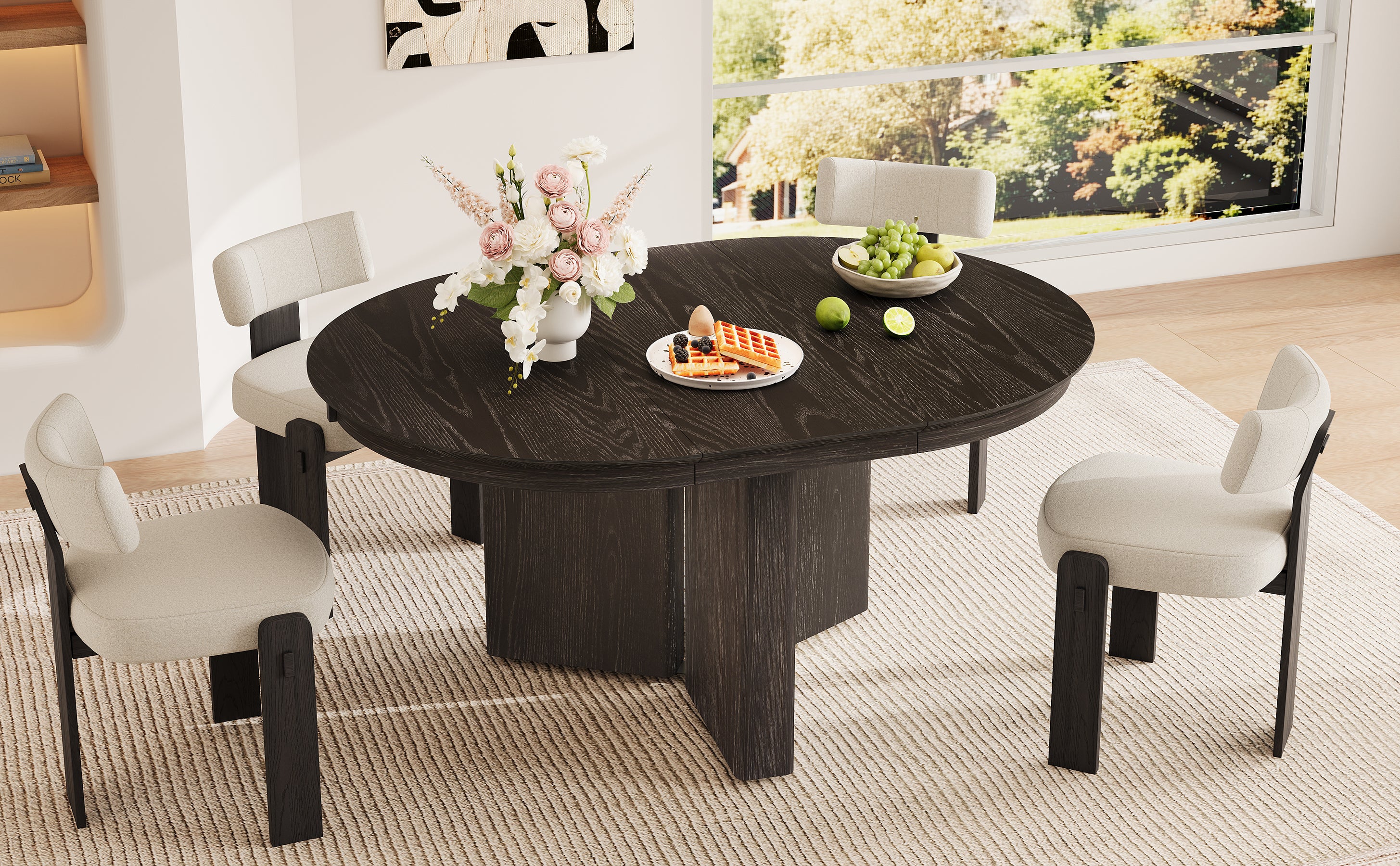 Extended oval espresso table set with four cream chairs in a bright room