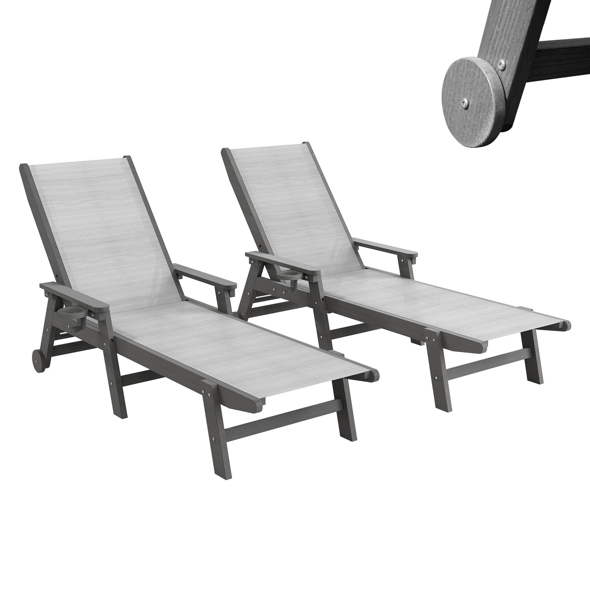 Gray HDPE Outdoor Chaise Lounge, Set of 2, with Wheels