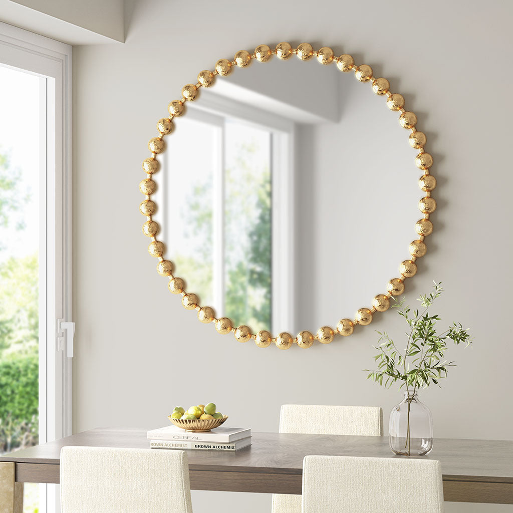 Beaded Round Mirror, 36 Inch Gold