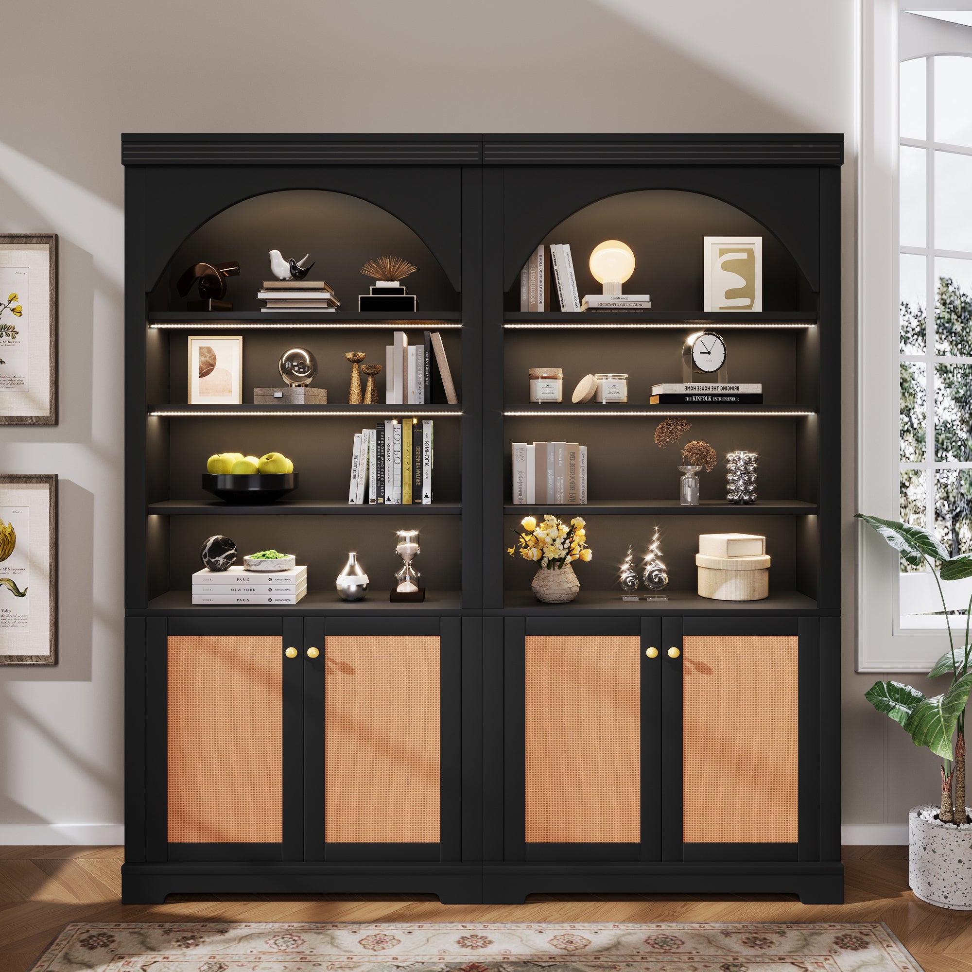 Modern Bookcase with Doors and Adjustable Shelves, 63 in, Black