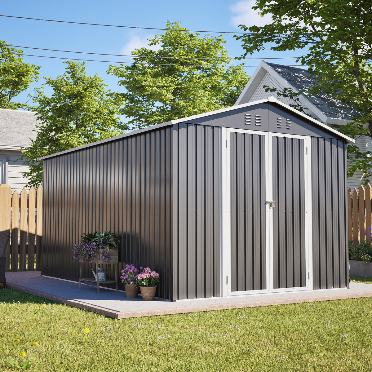 8x12 ft Gray Metal Storage Shed with Lockable Doors