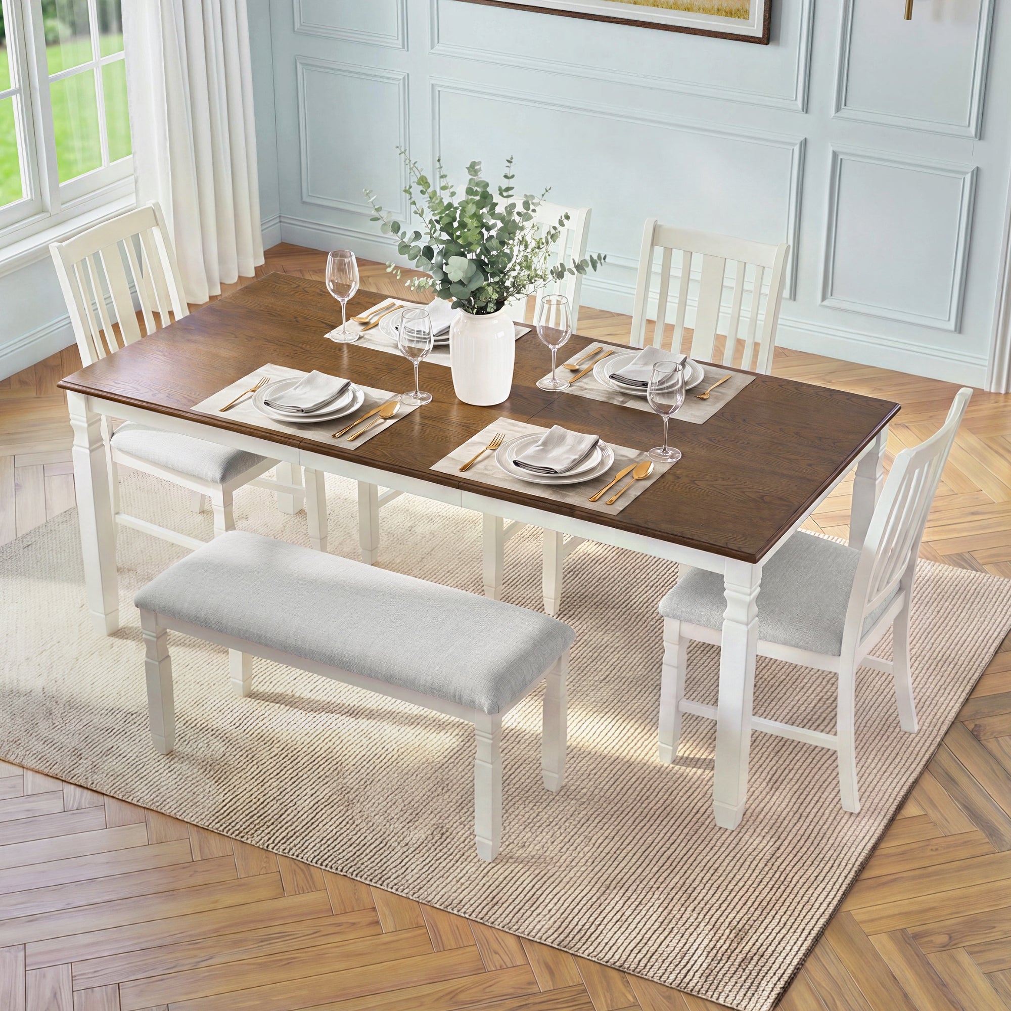 6-Piece White Farmhouse Dining Set, Extendable Table, 4 Chairs, Bench