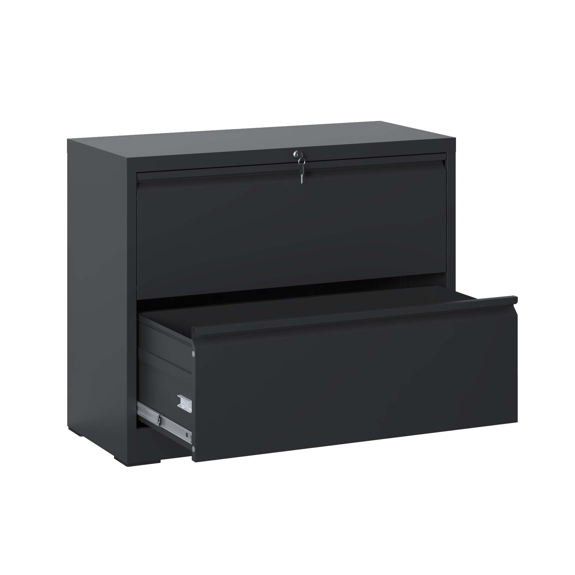 Lateral Modern File Cabinet with Drawers and Lock, 35.4 in, Black, Metal