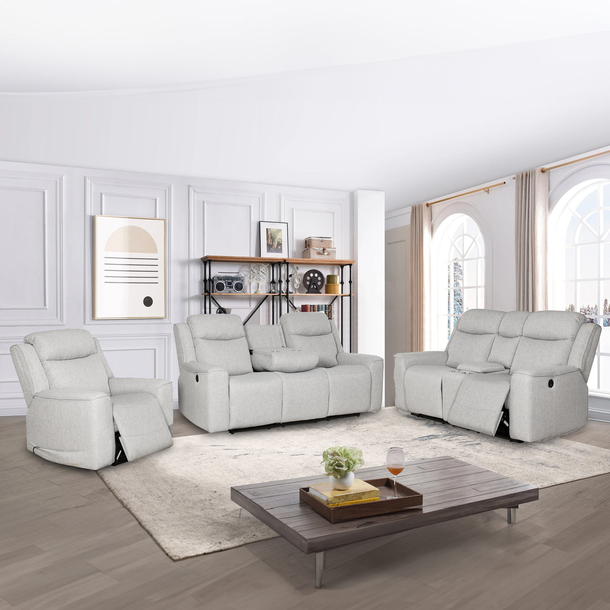 White Reclining 3-Piece Living Room Set with Console