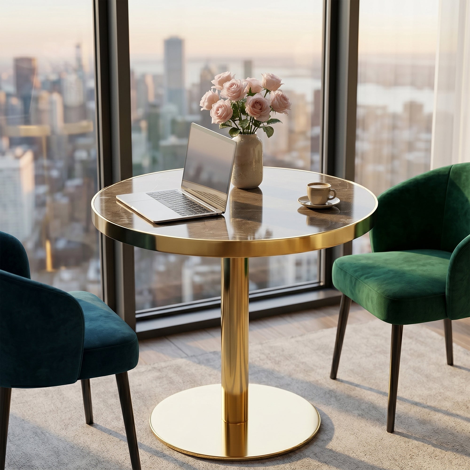 Gray faux marble bistro table with gold base by a city-view window, styled with a laptop, roses and velvet chairs