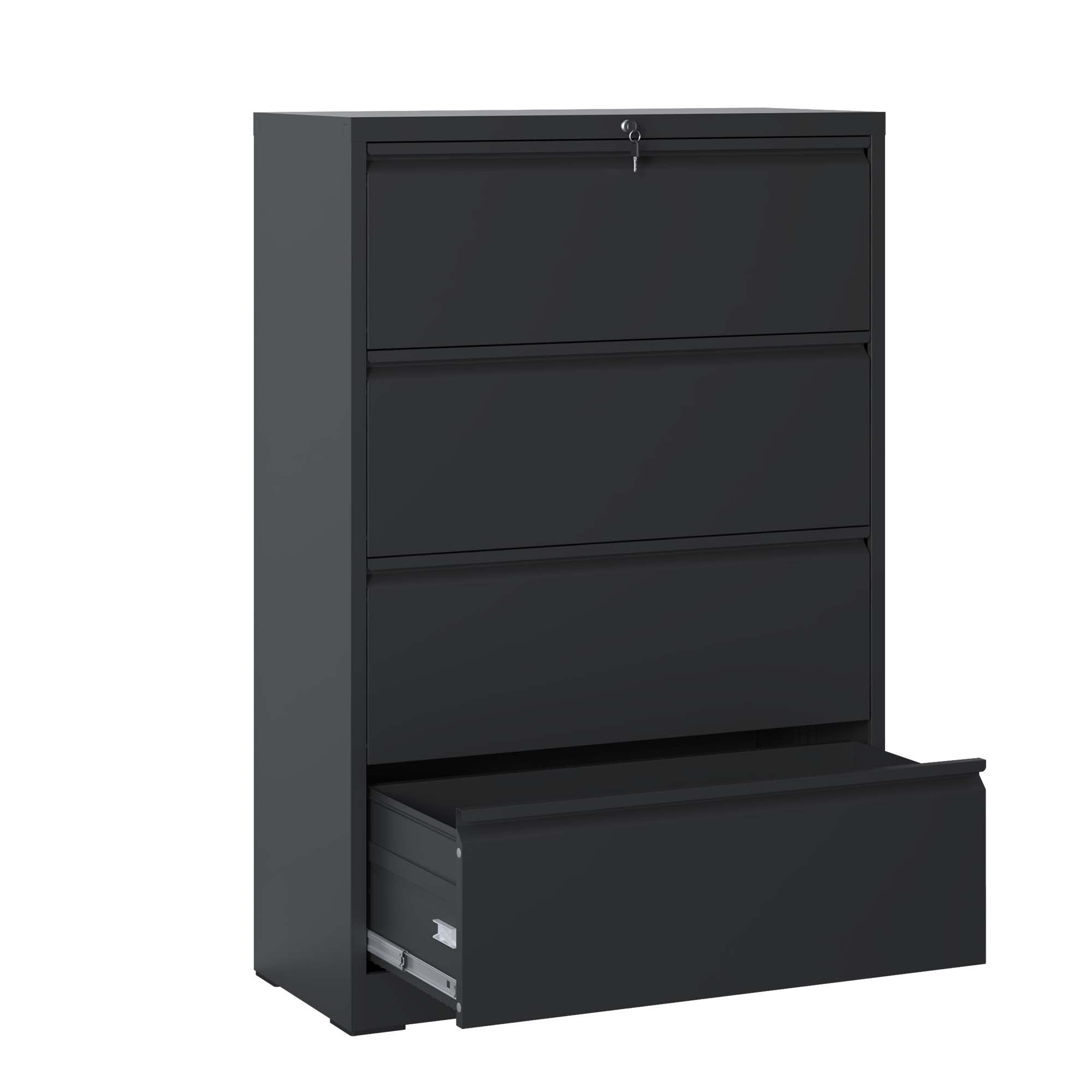 Lateral File Cabinet with Drawers and Lock, Filing Cabinet, 35.4 in, Black