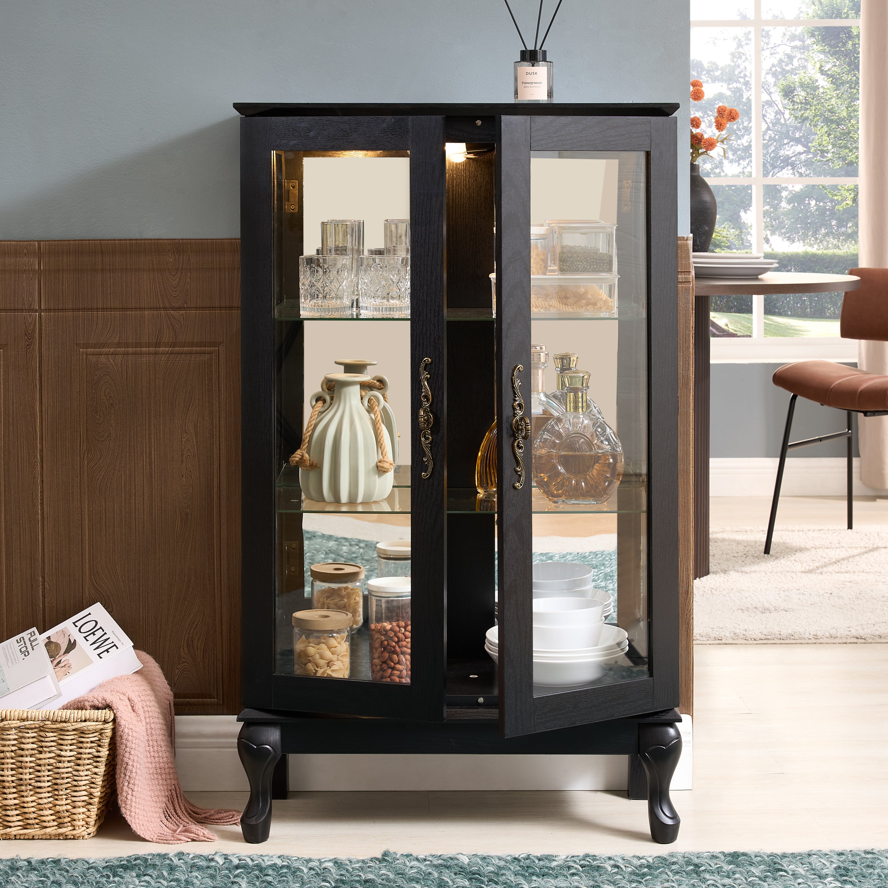 2-Door Glass Display Cabinet, Black, Lighted Mirrored Back