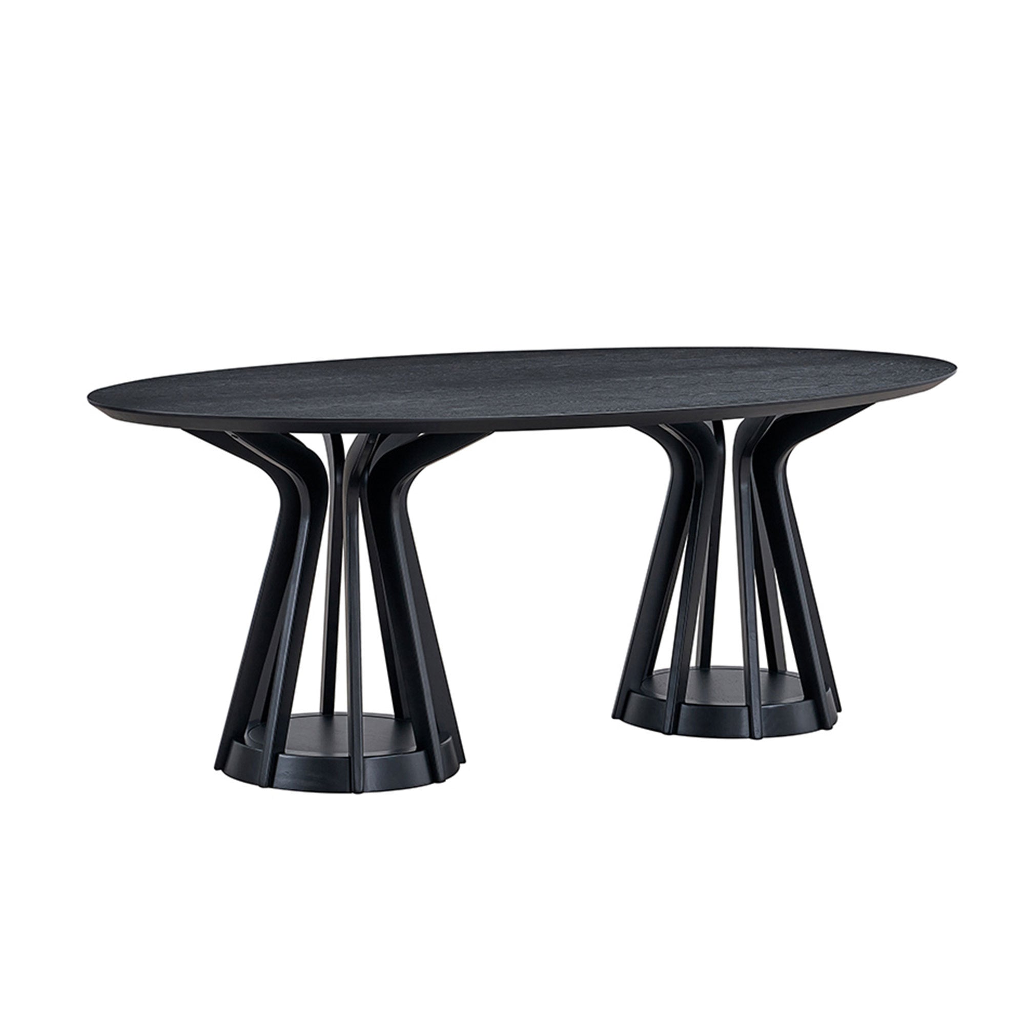 Black oval pedestal dining table shown at an angle on a plain white studio background