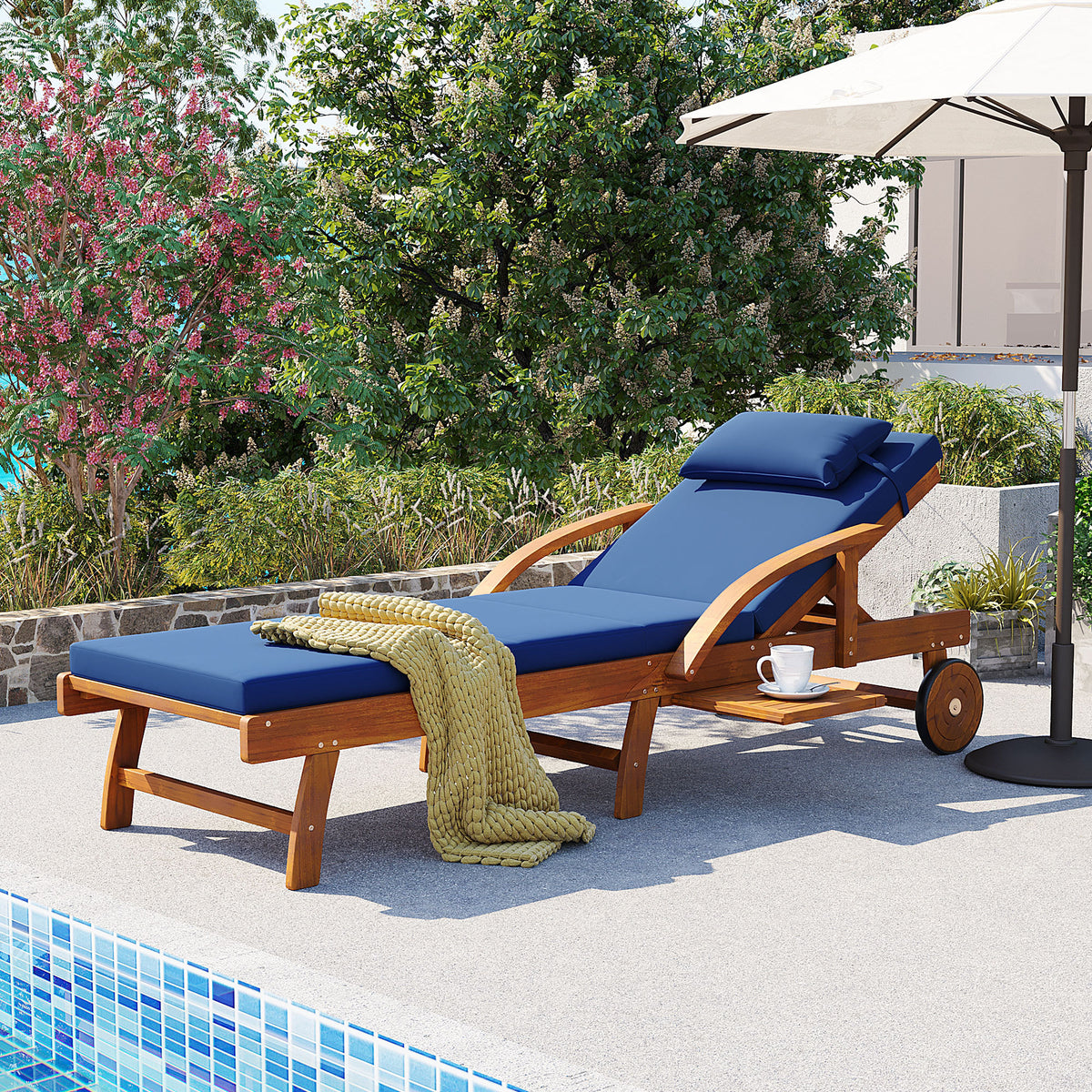 Navy Blue Solid Wood Adjustable Outdoor Chaise Lounge with Cushions