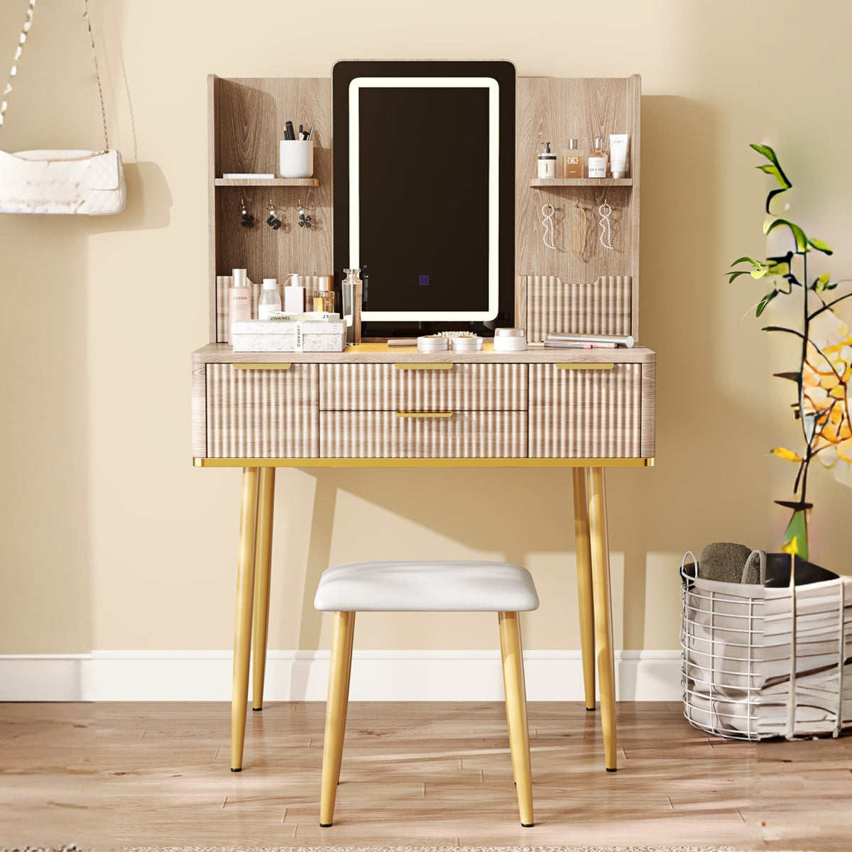 Fluted Bedroom Vanity with LED Mirror and Stool