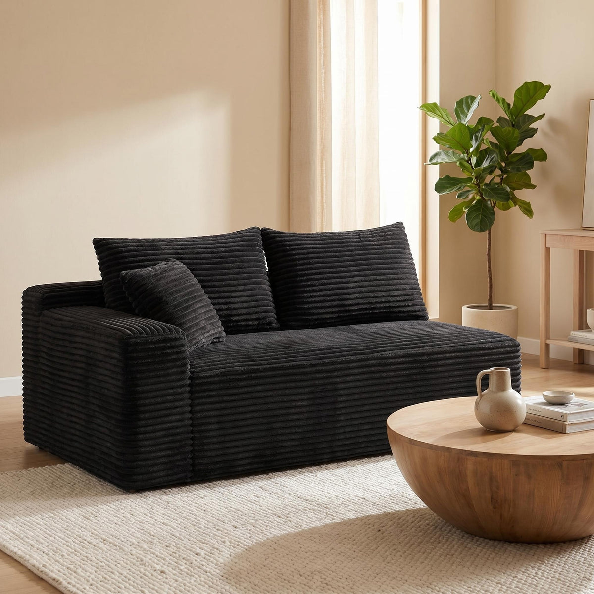 Black Corduroy Modular 2-Seat Couch, 69 in Wide, 37.5 in Deep
